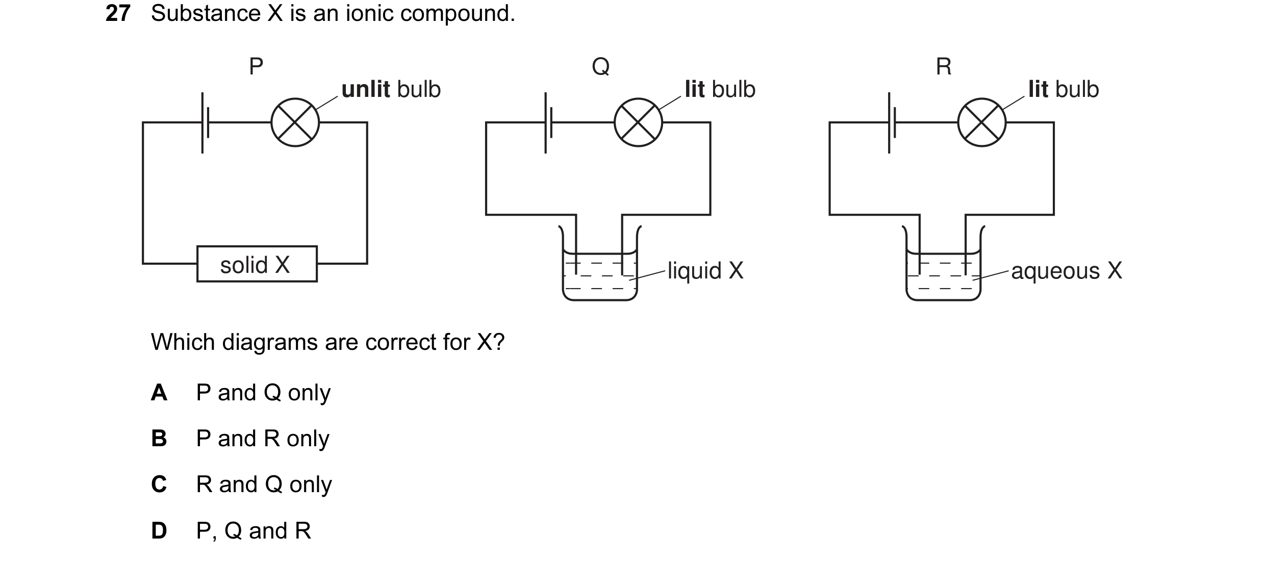 Question 2: Substance X is an ionic compound. P Q R unlit bulb lit bulb lit bulb solid X liquid X aqueous X Which diagrams are correct for X? A P and Q…