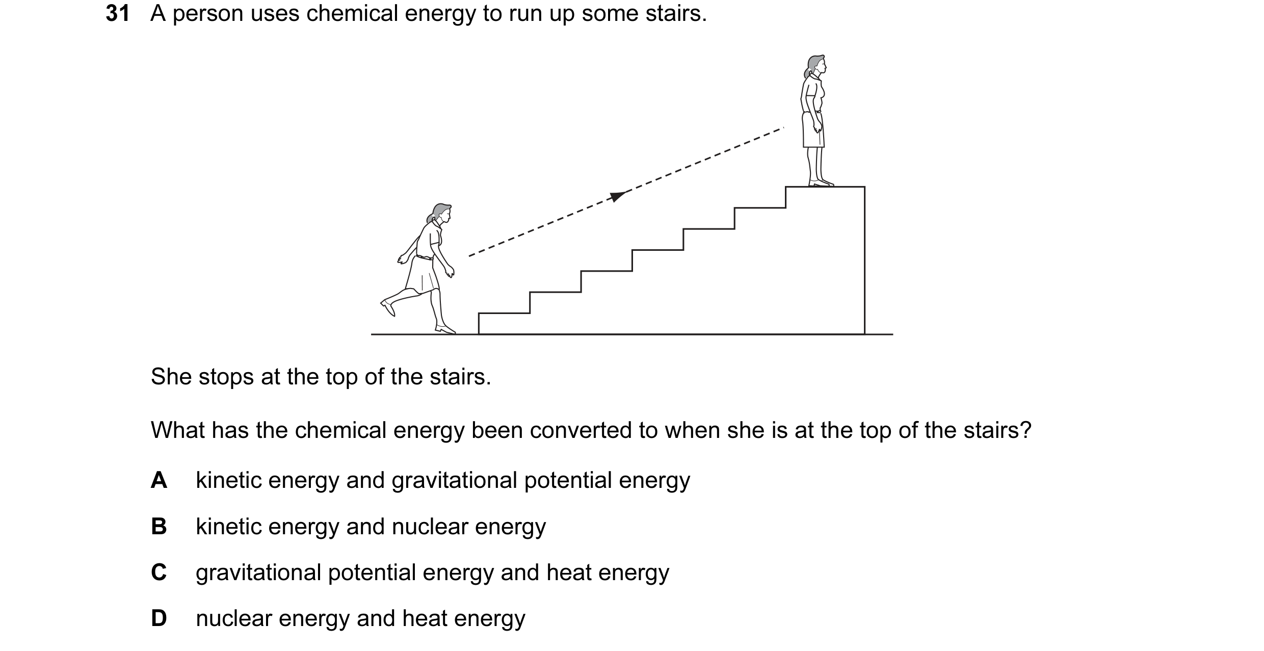 Question 5: A person uses chemical energy to run up some stairs. She stops at the top of the stairs. What has the chemical energy been converted to whe…