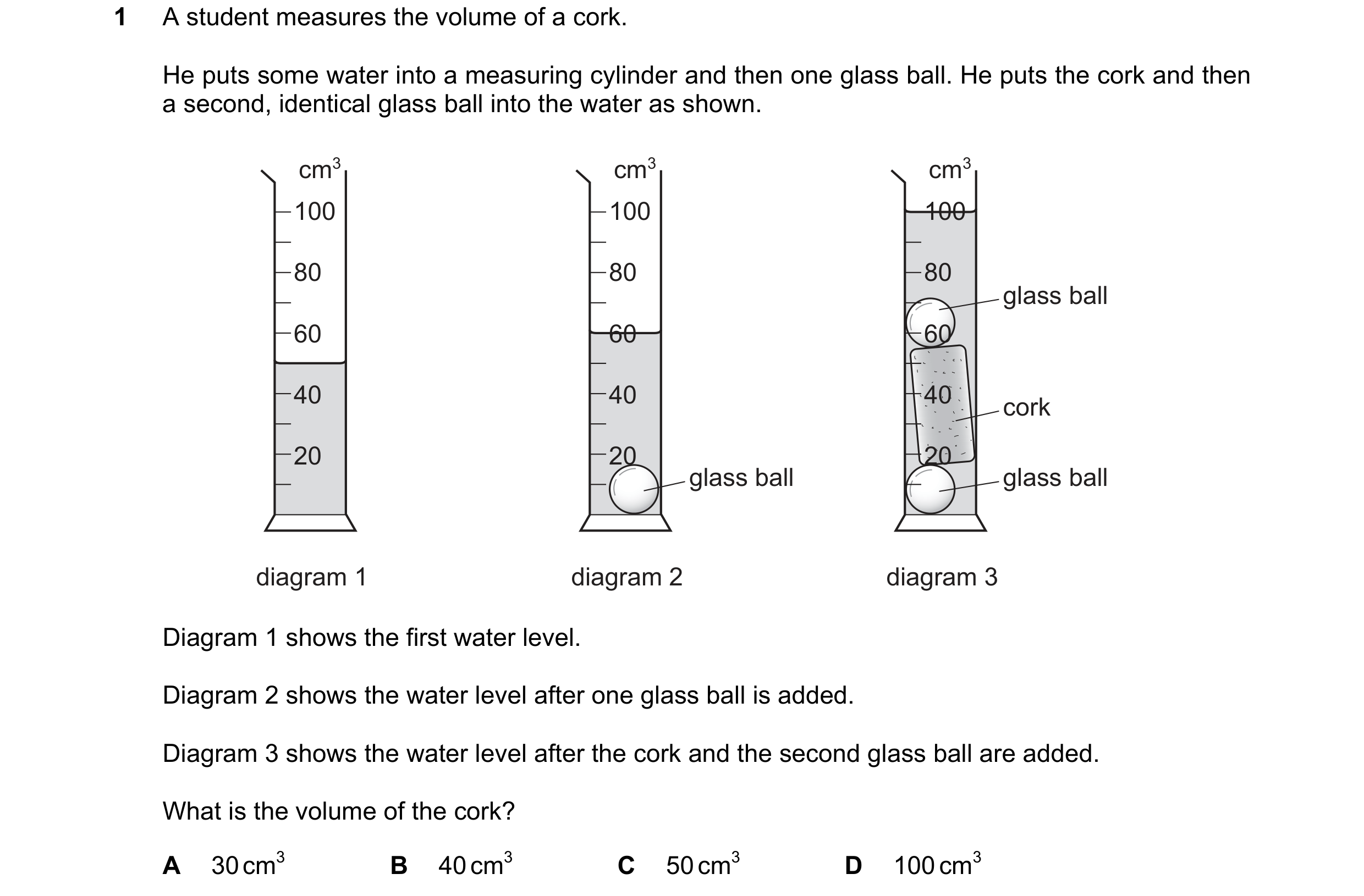 Question 114: A student measures the volume of a cork. He puts some water into a measuring cylinder and then one glass ball. He puts the cork and then a …
