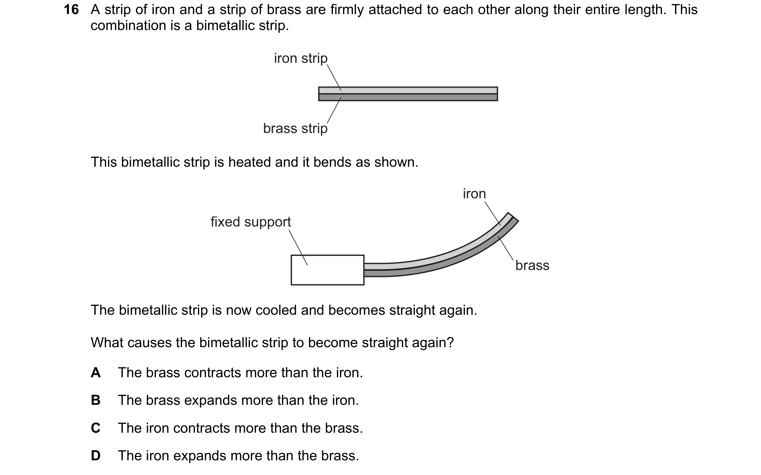 Question 142: A strip of iron and a strip of brass are firmly attached to each other along their entire length. This combination is a bimetallic strip. i…