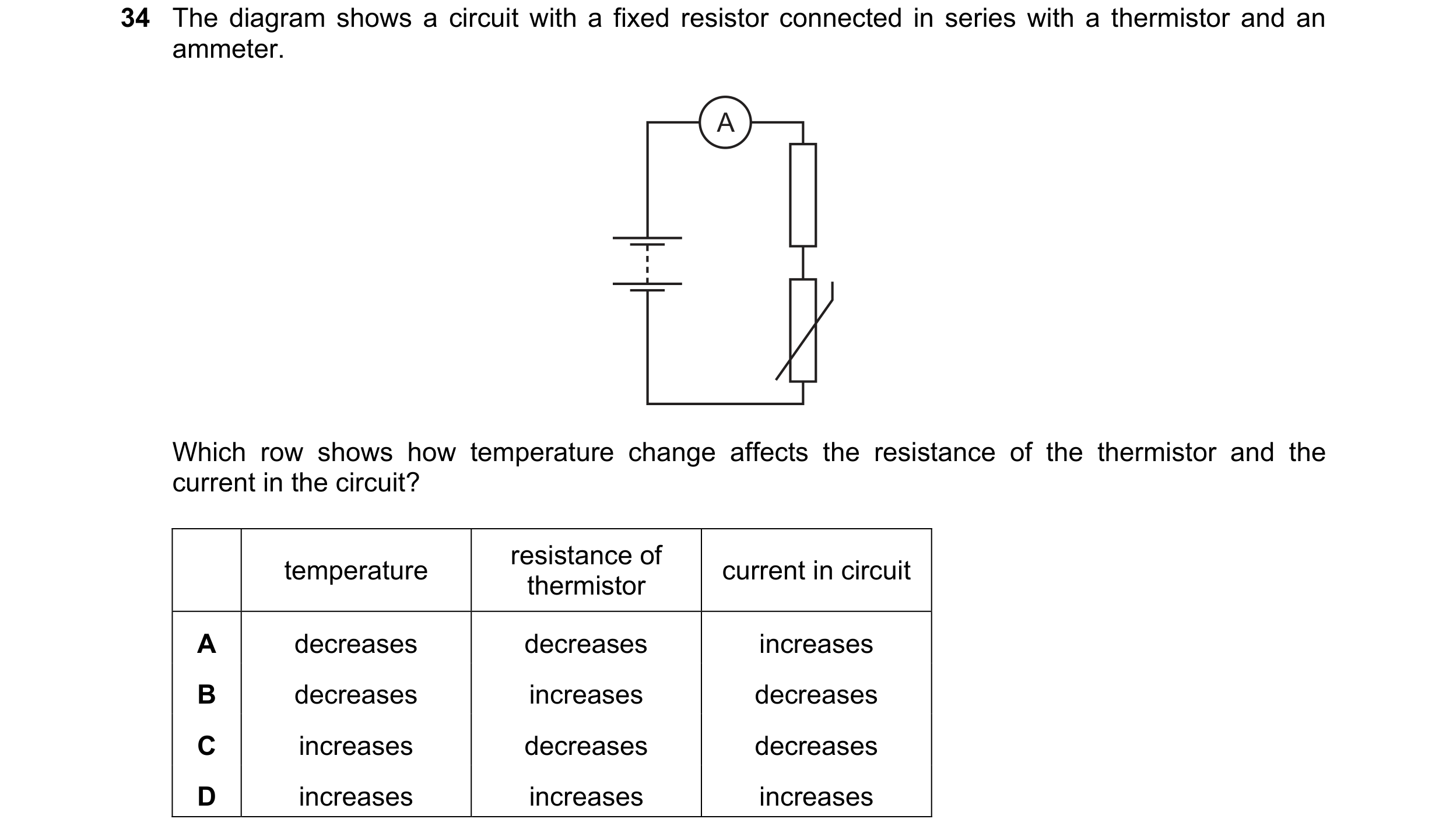 Question 226: The diagram shows a circuit with a fixed resistor connected in series with a thermistor and an ammeter. A Which row shows how temperature c…