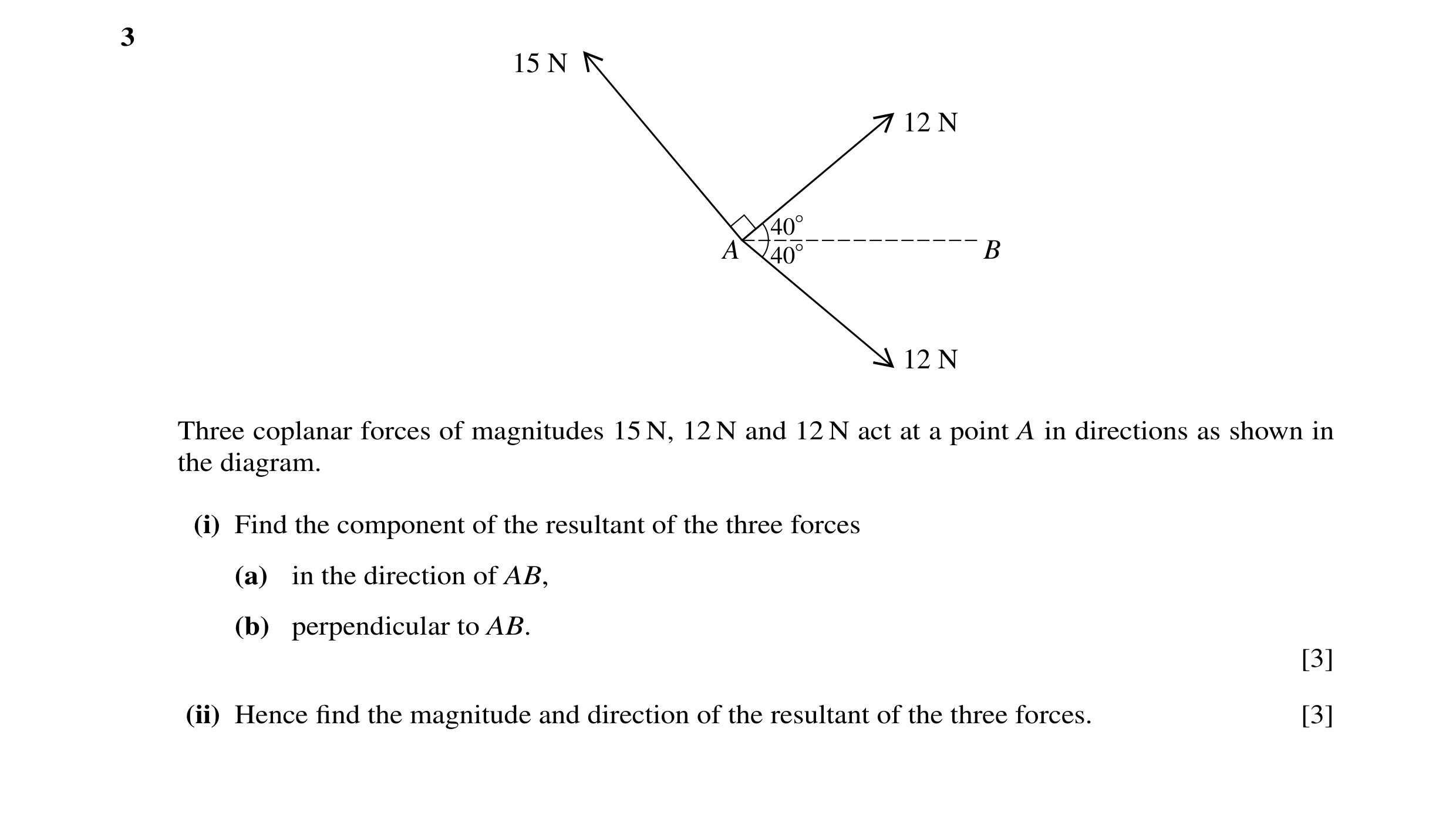 Question 39: 15 N 12 N 40° A 40° B 12 N Three coplanar forces of magnitudes 15 N, 12 N and 12 N act at a point A in directions as shown in the diagram. …