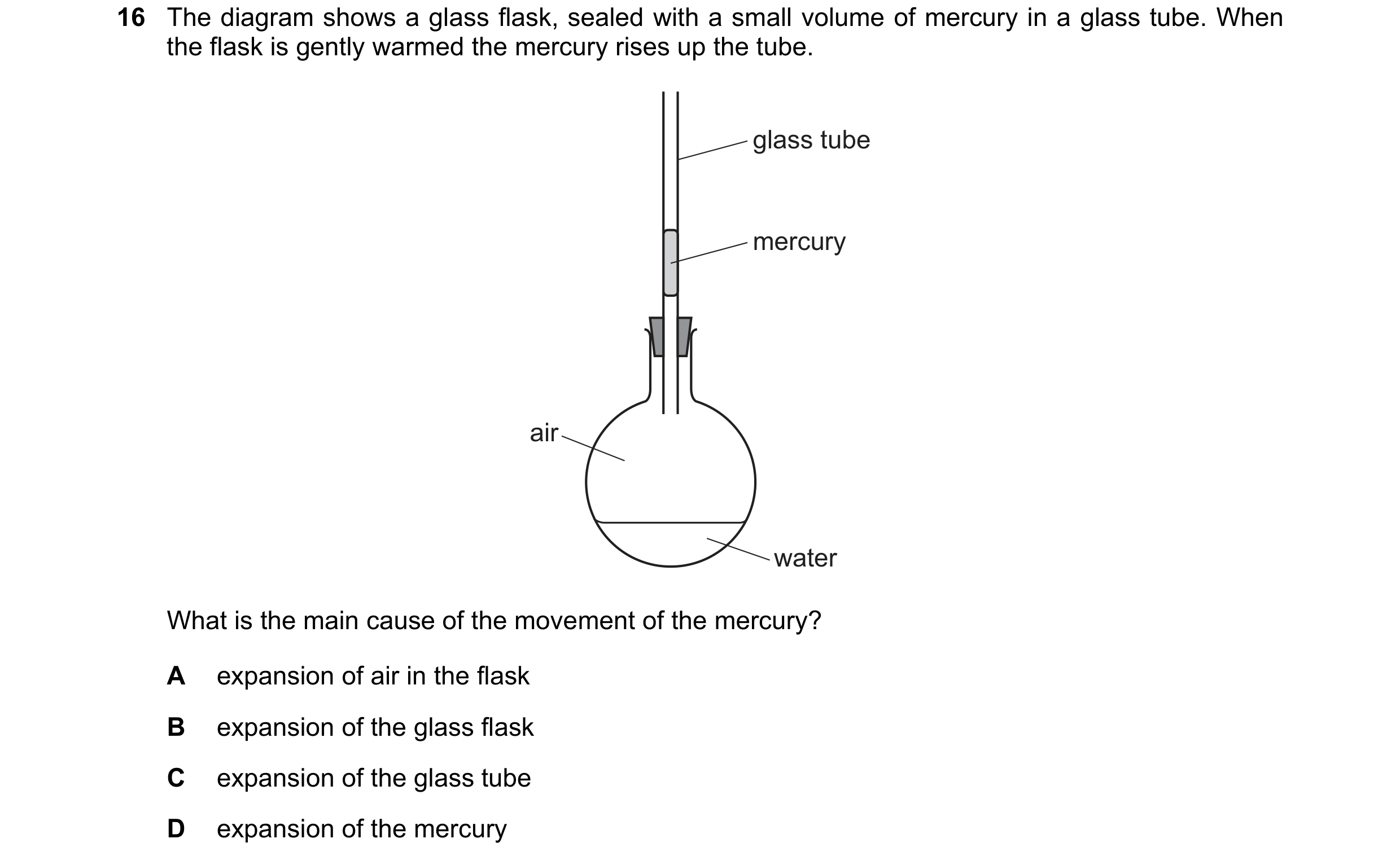 Question 36: The diagram shows a glass flask, sealed with a small volume of mercury in a glass tube. When the flask is gently warmed the mercury rises u…