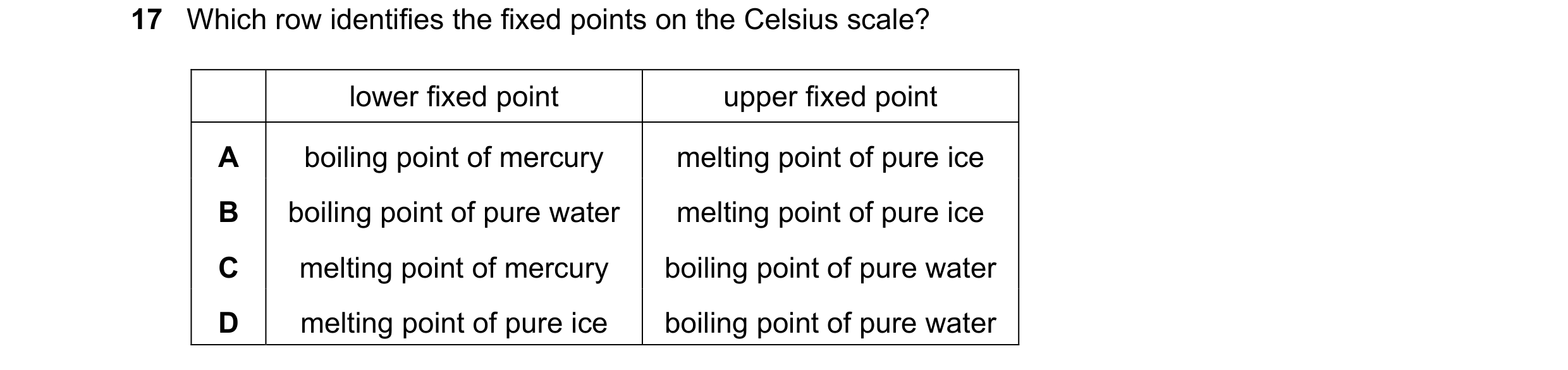 Question 34: Which row identifies the fixed points on the Celsius scale? lower fixed point upper fixed point A boiling point of mercury melting point of…