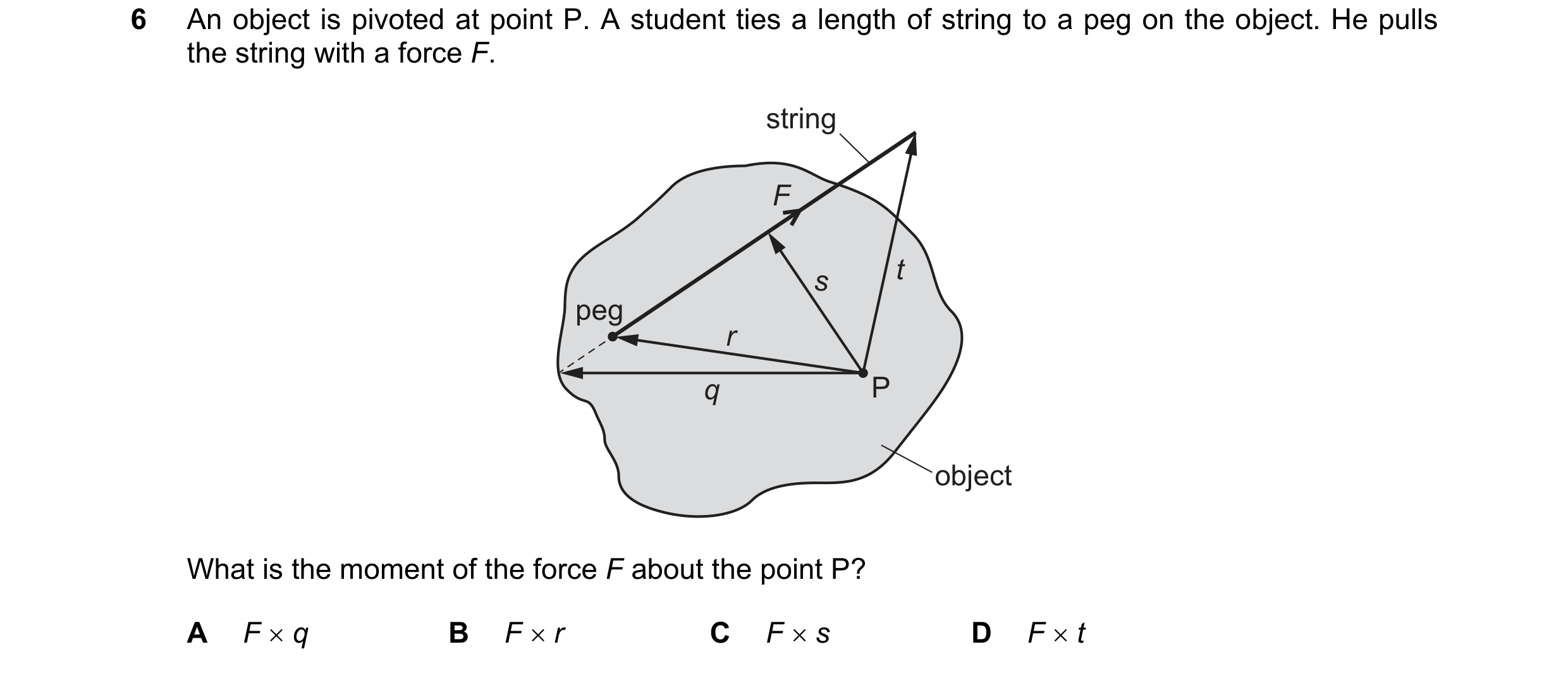 Question 44: An object is pivoted at point P. A student ties a length of string to a peg on the object. He pulls the string with a force F. string F s t…