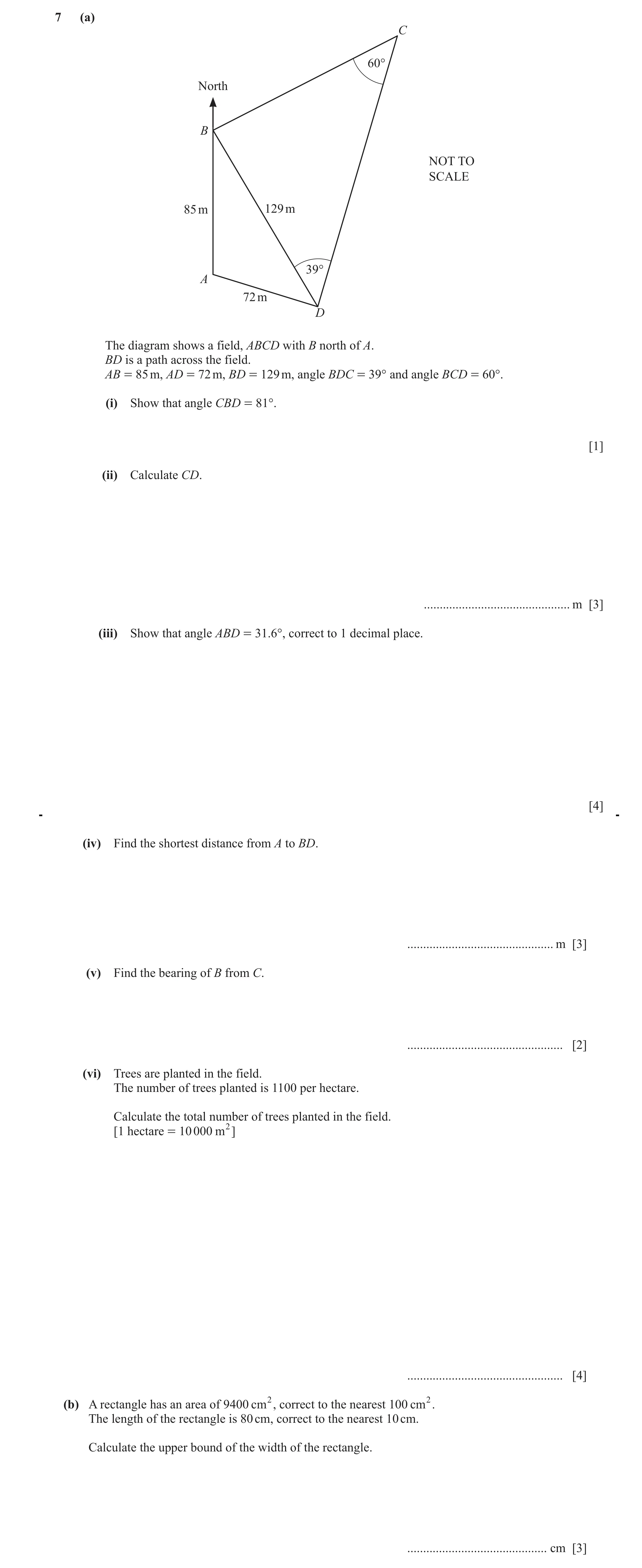 Question 23: (a) C 60° North B NOT TO SCALE 85 m 129 m 39° A 72 m D The diagram shows a field, ABCD with B north of A. BD is a path across the field. AB…