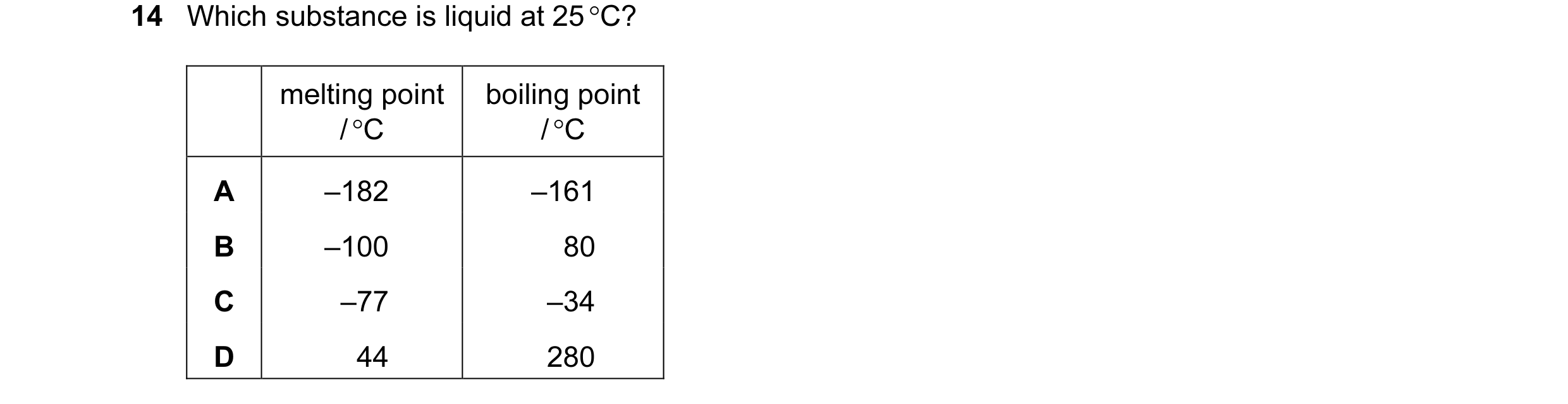 Question 9: Which substance is liquid at 25 °C? melting point boiling point / °C / °C A –182 –161 B –100 80 C –77 –34 D 44 280