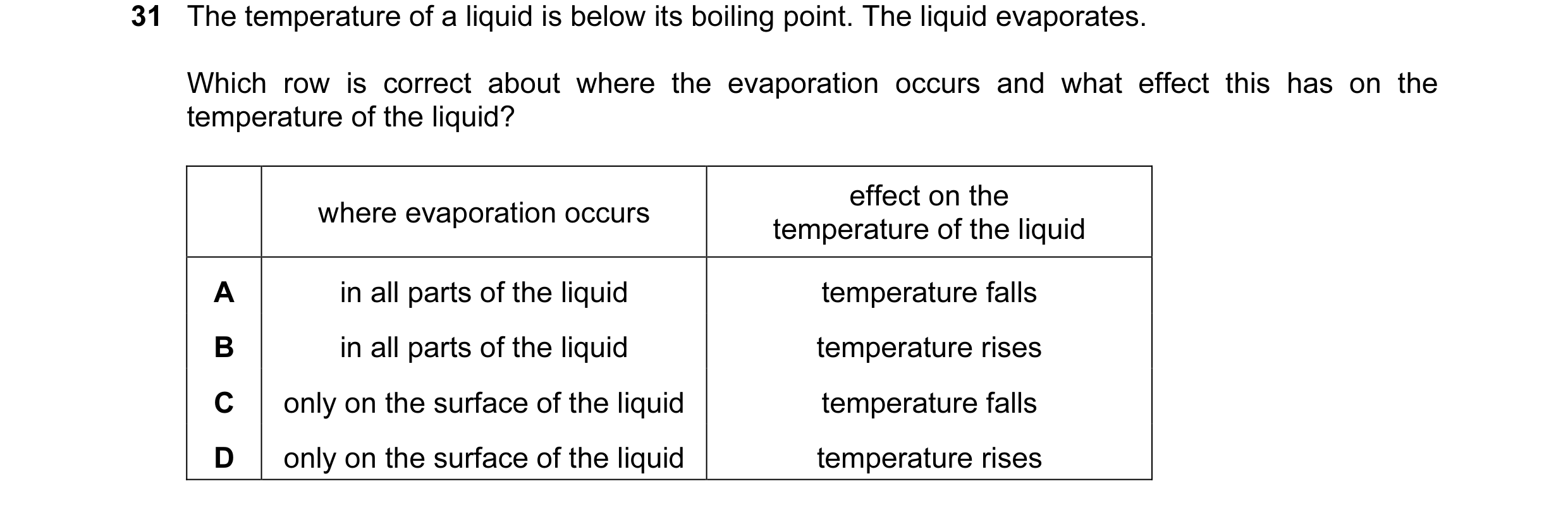 Question 5: The temperature of a liquid is below its boiling point. The liquid evaporates. Which row is correct about where the evaporation occurs and …