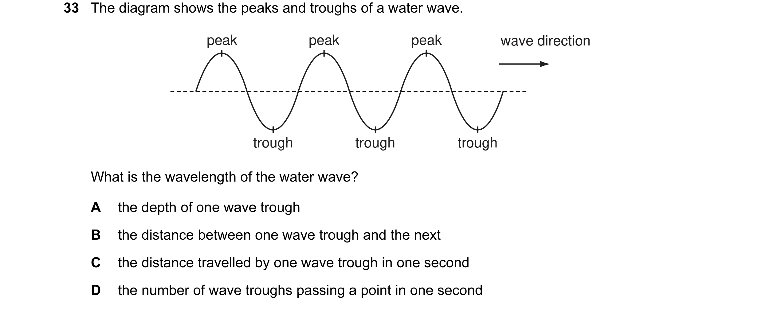 Question 7: The diagram shows the peaks and troughs of a water wave. peak peak peak wave direction trough trough trough What is the wavelength of the w…