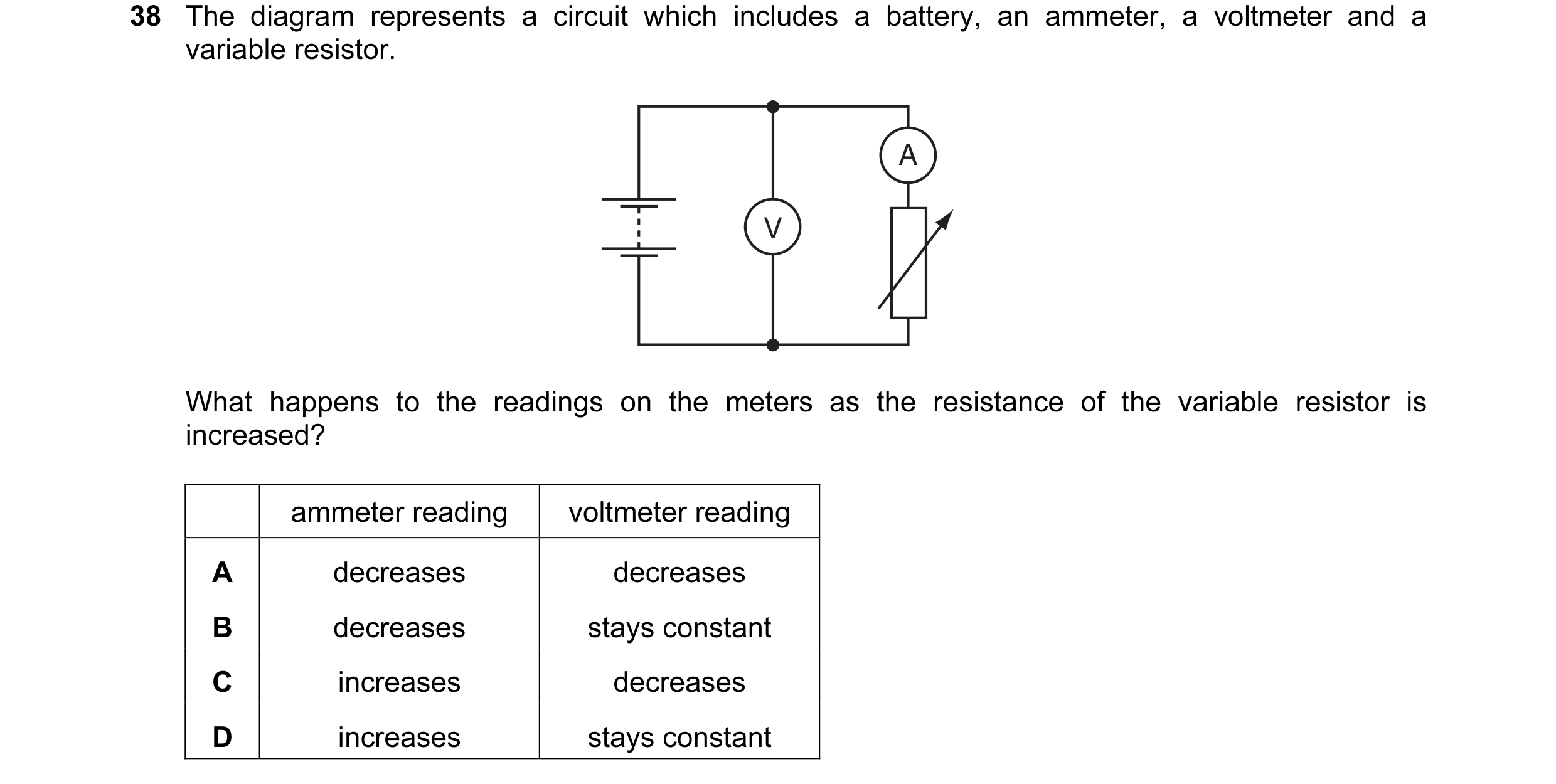 Question 25: The diagram represents a circuit which includes a battery, an ammeter, a voltmeter and a variable resistor. A V What happens to the reading…