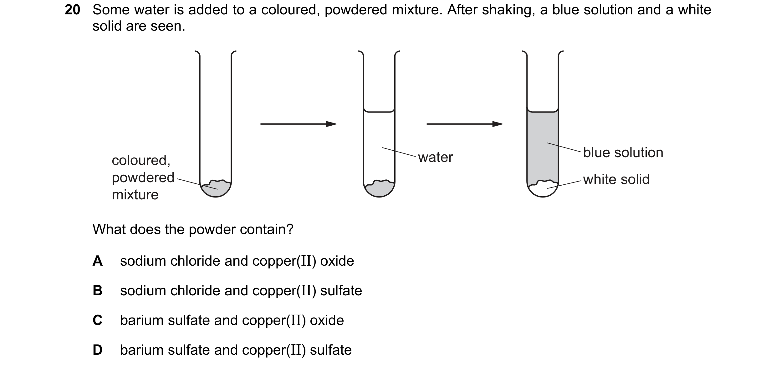 Question 79: Some water is added to a coloured, powdered mixture. After shaking, a blue solution and a white solid are seen. water blue solution coloure…