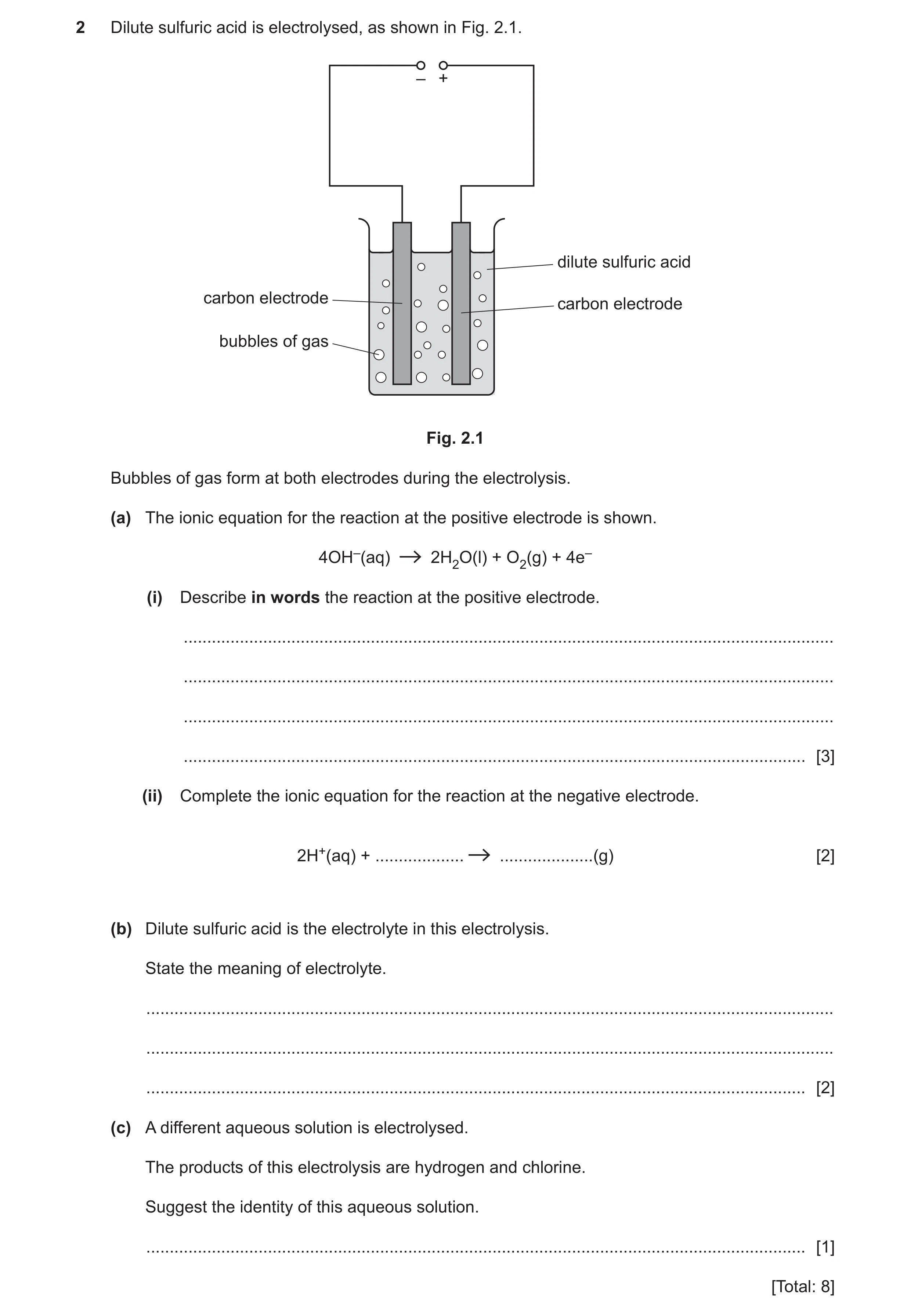 Question 29: Dilute sulfuric acid is electrolysed, as shown in Fig. 2.1. – + dilute sulfuric acid carbon electrode carbon electrode bubbles of gas Fig. …