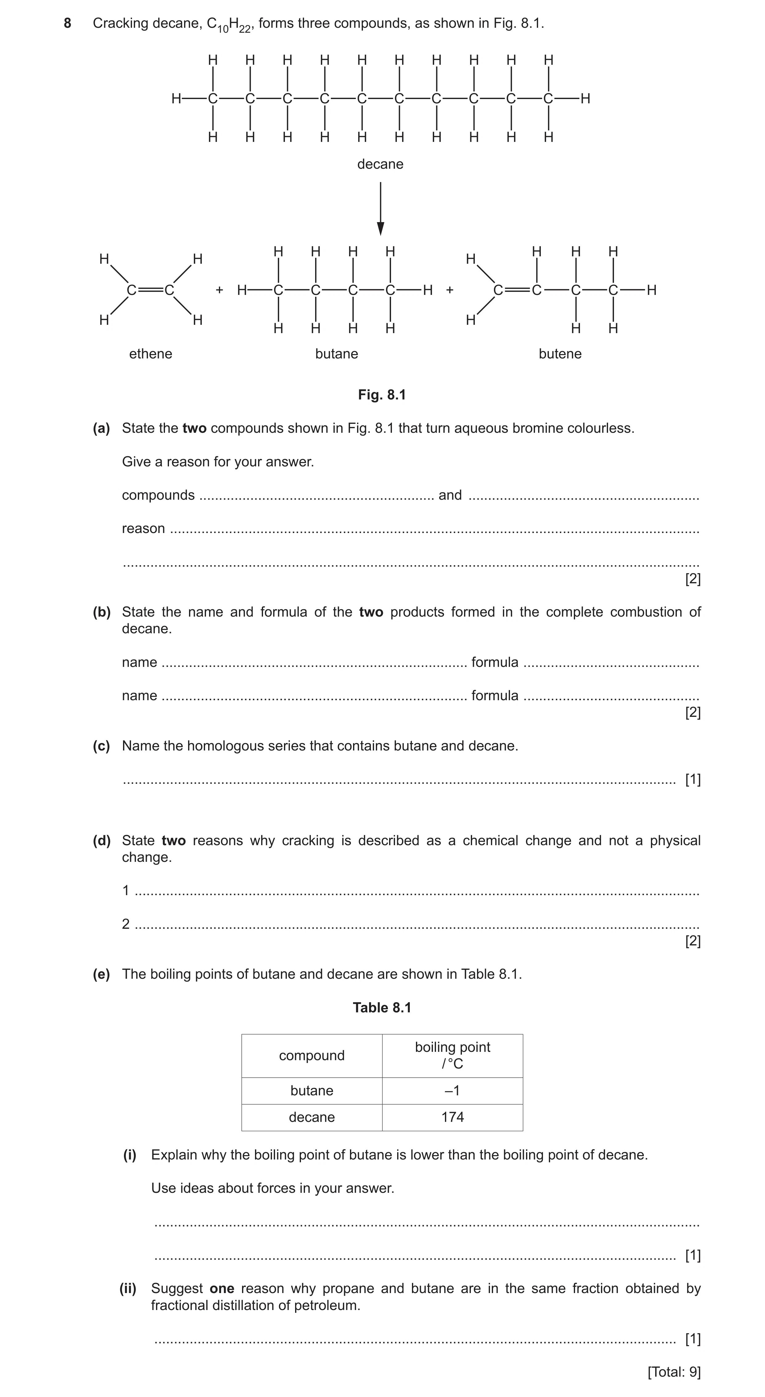 Question 24: Cracking decane, C10H22, forms three compounds, as shown in Fig. 8.1. H H H H H H H H H H H C C C C C C C C C C H H H H H H H H H H H decan…