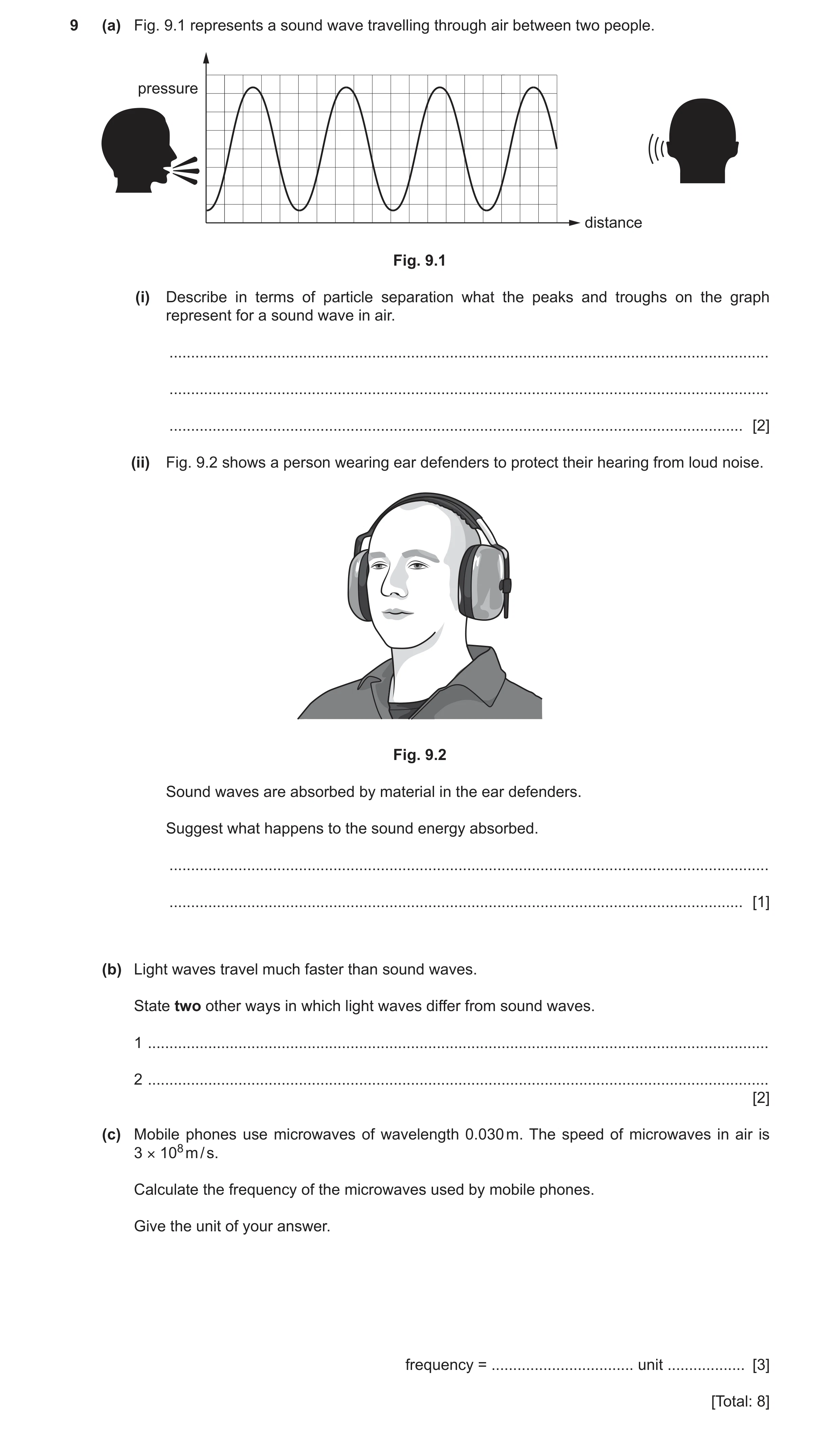 Question 12: (a) Fig. 9.1 represents a sound wave travelling through air between two people. pressure distance Fig. 9.1 (i) Describe in terms of particl…