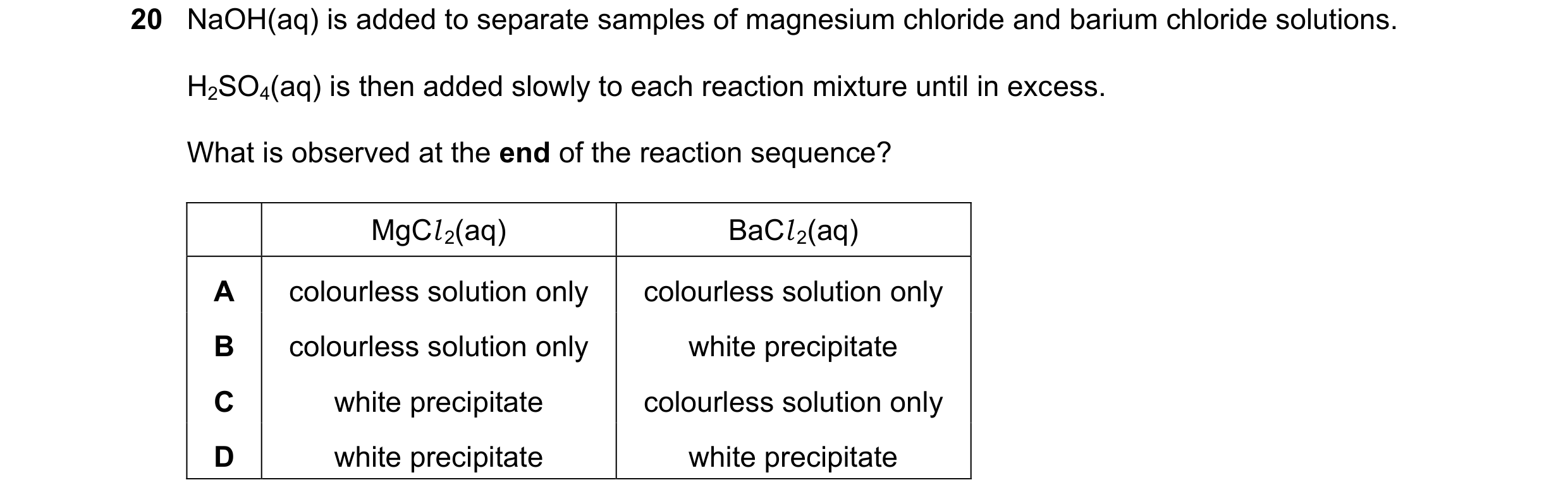 Question 209: NaOH(aq) is added to separate samples of magnesium chloride and barium chloride solutions. H2SO4(aq) is then added slowly to each reaction …