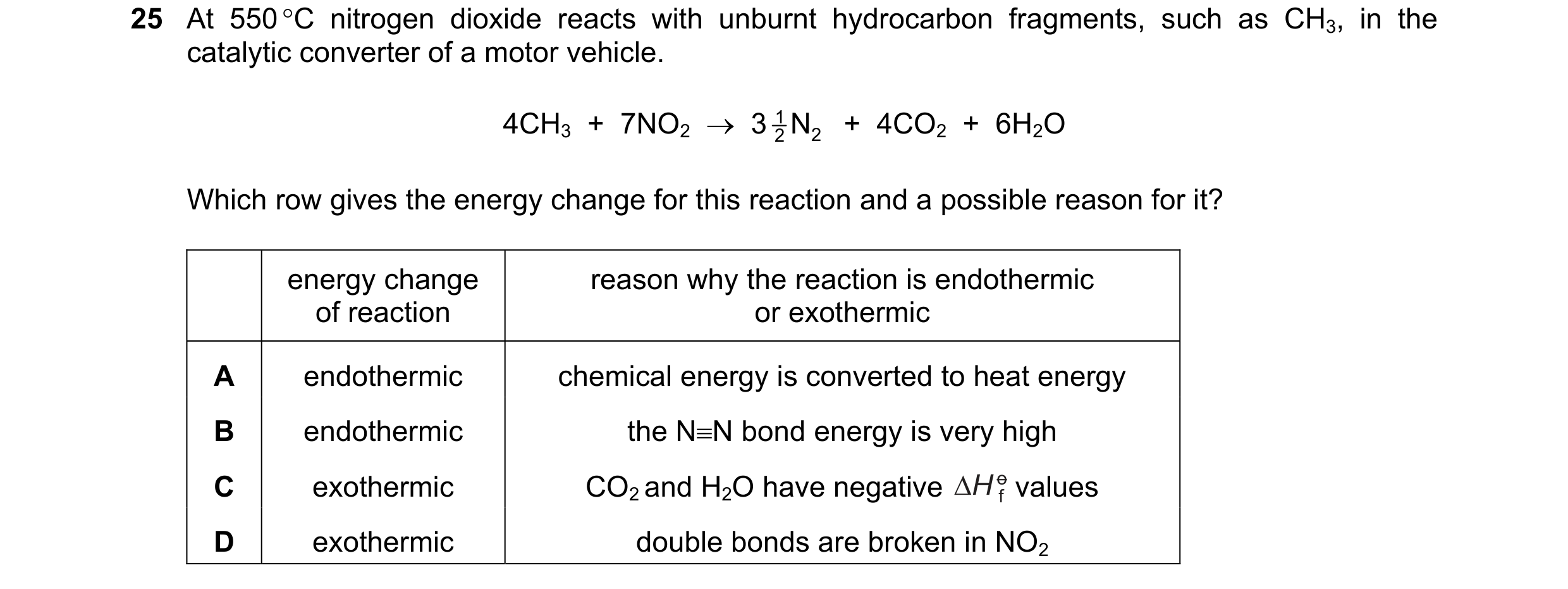 Question 183: At 550 C nitrogen dioxide reacts with unburnt hydrocarbon fragments, such as CH3, in the catalytic converter of a motor vehicle. 4CH3  +  …