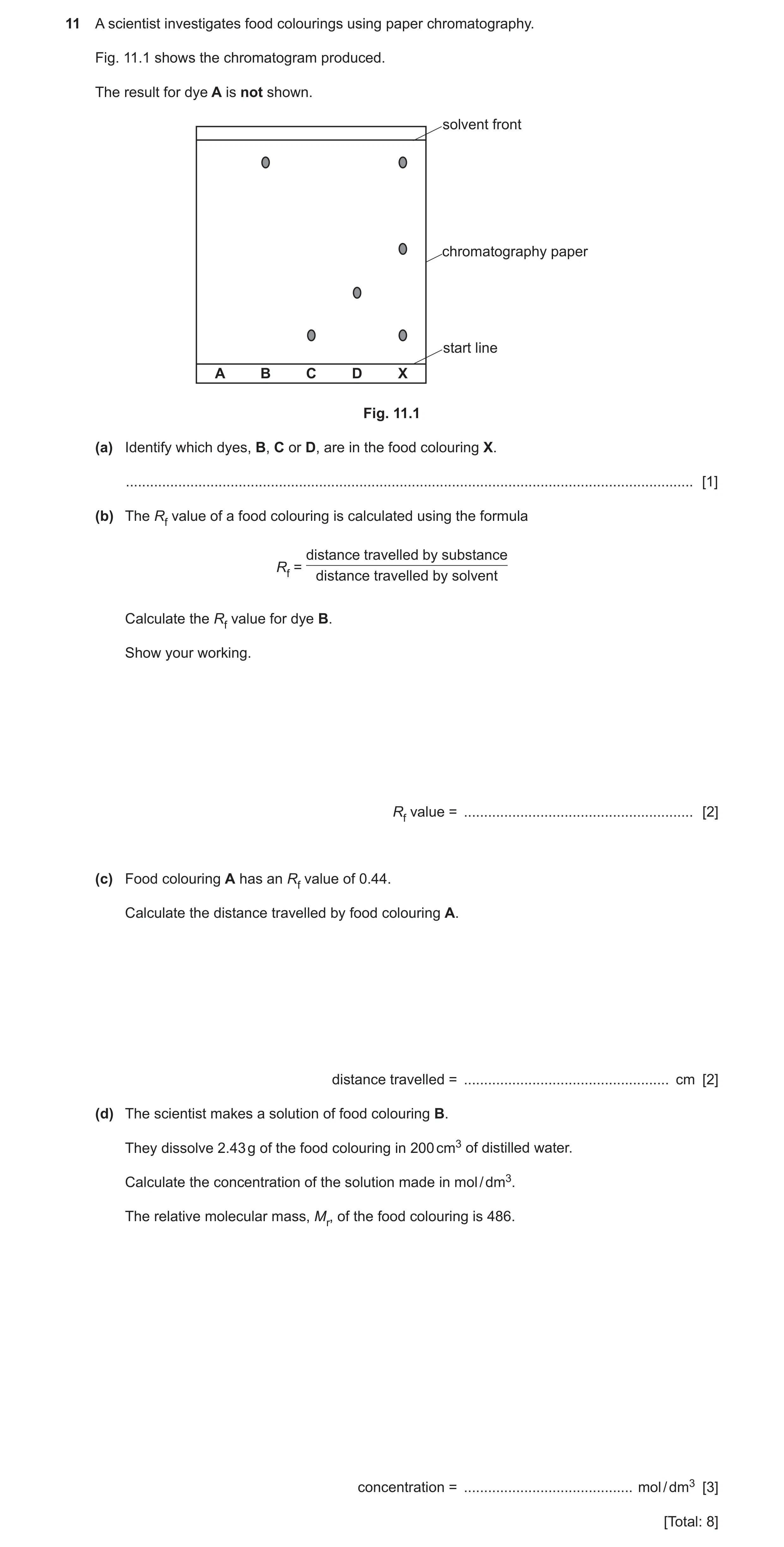 Question 32: A scientist investigates food colourings using paper chromatography. Fig. 11.1 shows the chromatogram produced. The result for dye A is not…