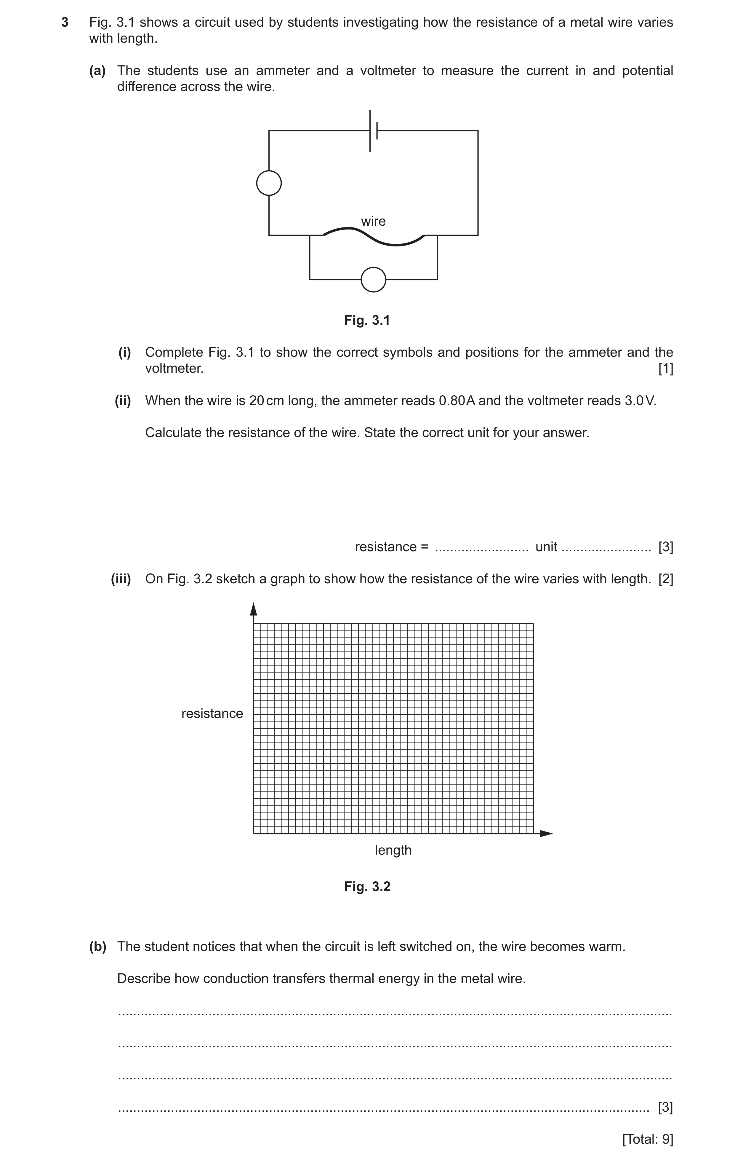 Question 26: Fig. 3.1 shows a circuit used by students investigating how the resistance of a metal wire varies with length. (a) The students use an amme…