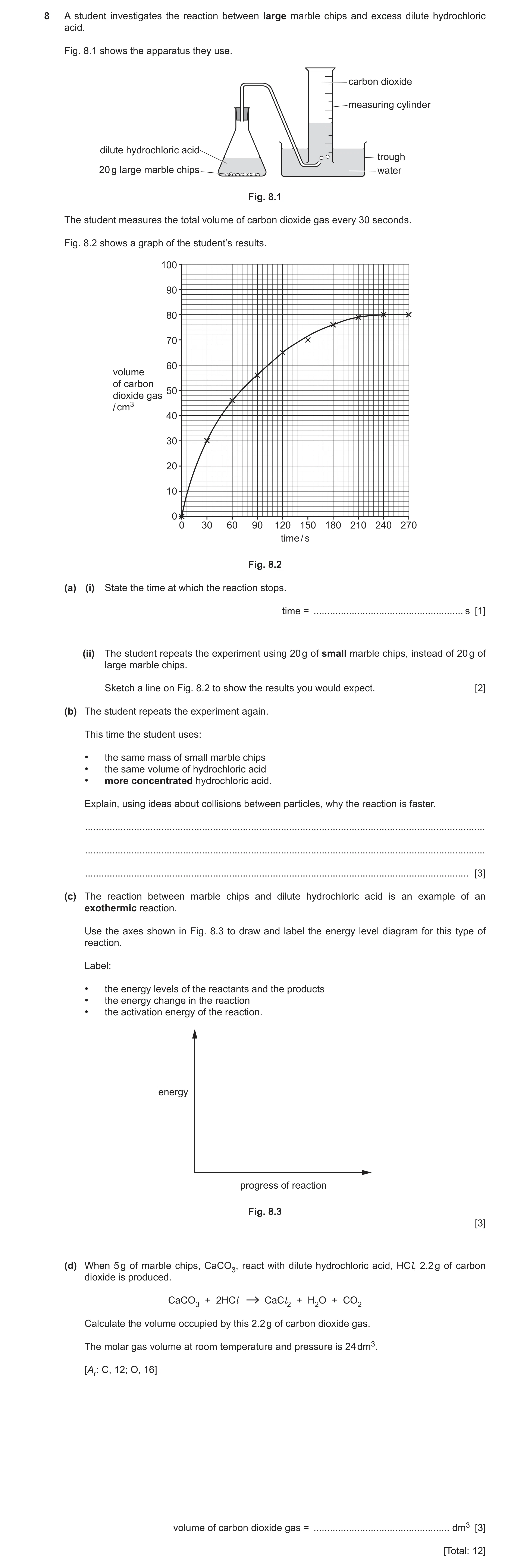 Question 31: A student investigates the reaction between large marble chips and excess dilute hydrochloric acid. Fig. 8.1 shows the apparatus they use. …
