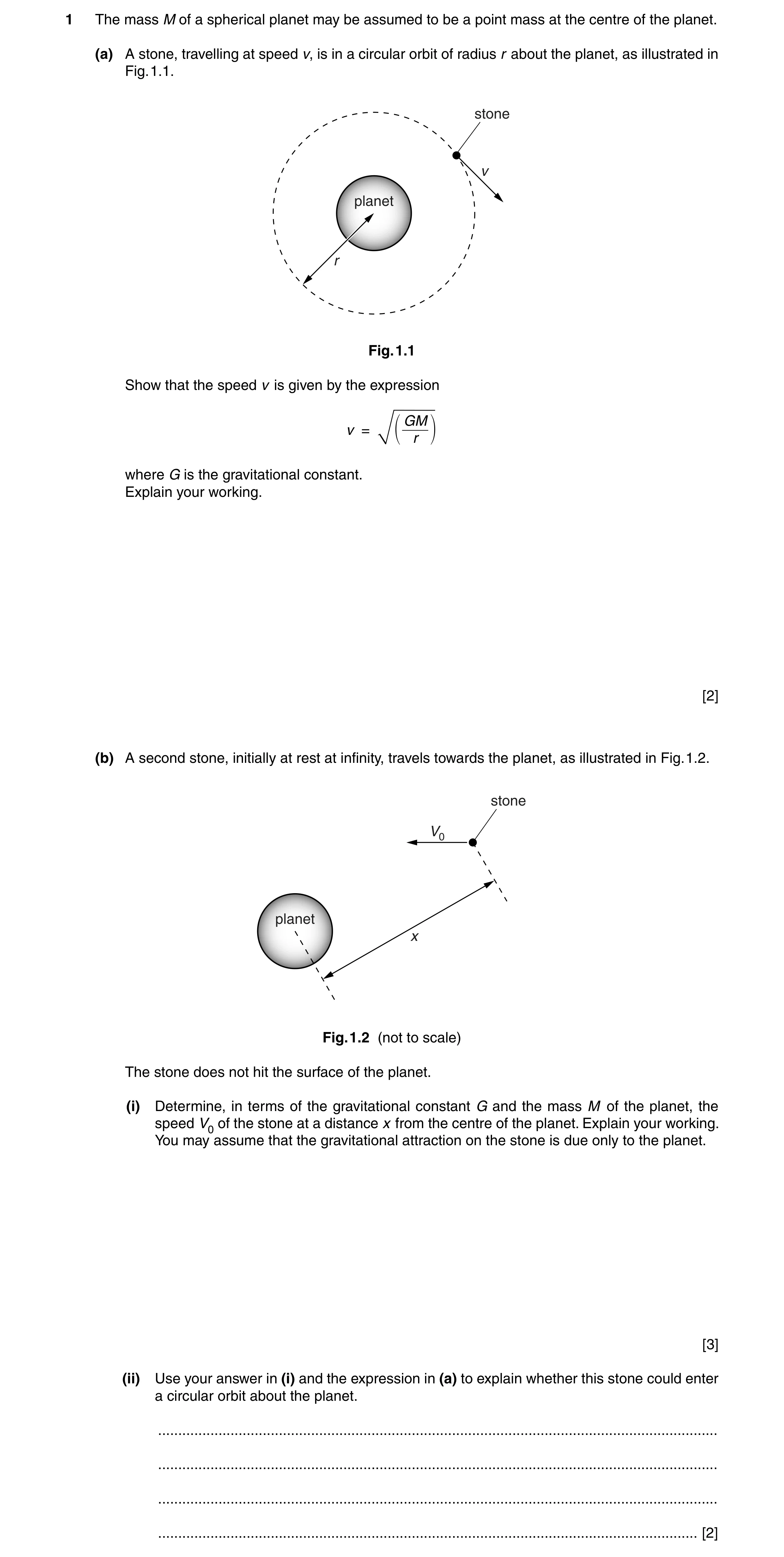 Question 13: The mass M of a spherical planet may be assumed to be a point mass at the centre of the planet. (a) A stone, travelling at speed v, is in a…