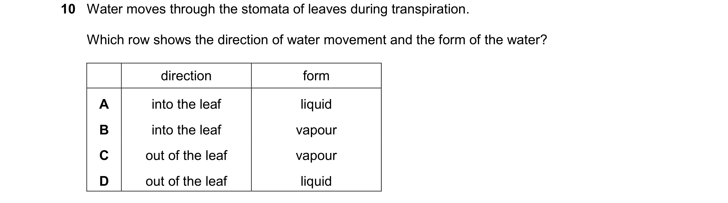 Question 23: Water moves through the stomata of leaves during transpiration. Which row shows the direction of water movement and the form of the water? …