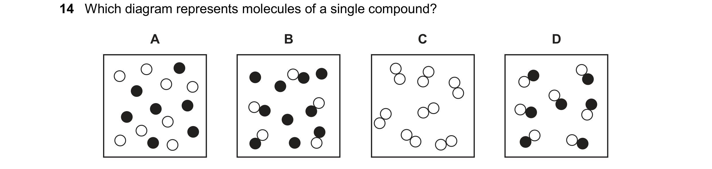 Question 43: Which diagram represents molecules of a single compound? A B C D