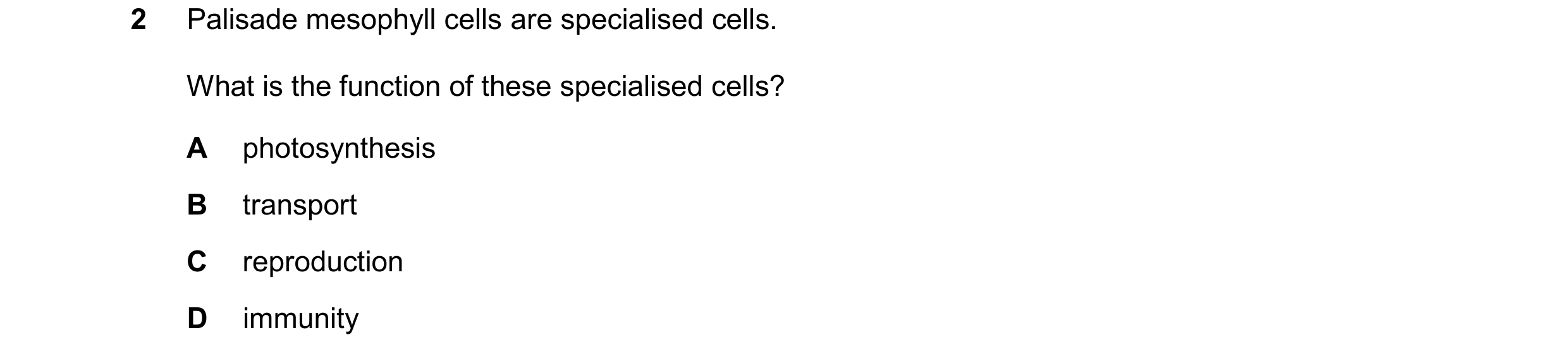 Question 55: Palisade mesophyll cells are specialised cells. What is the function of these specialised cells? A photosynthesis B transport C reproductio…