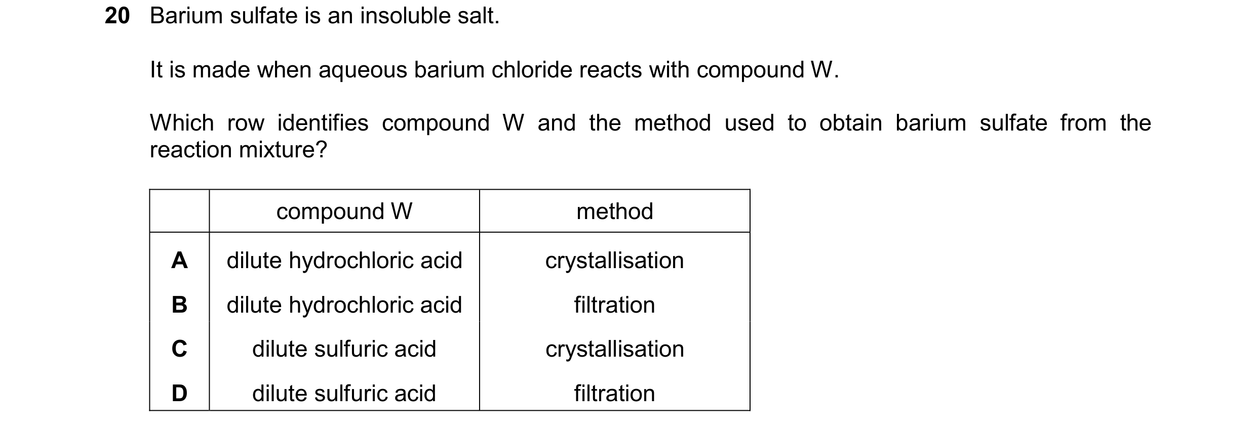 Question 32: Barium sulfate is an insoluble salt. It is made when aqueous barium chloride reacts with compound W. Which row identifies compound W and th…