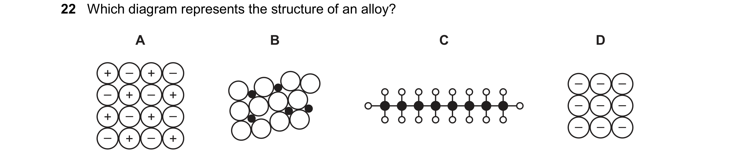 Question 20: Which diagram represents the structure of an alloy? A B C D + – + – – – – – + – + – – – + – + – – – – – + – +