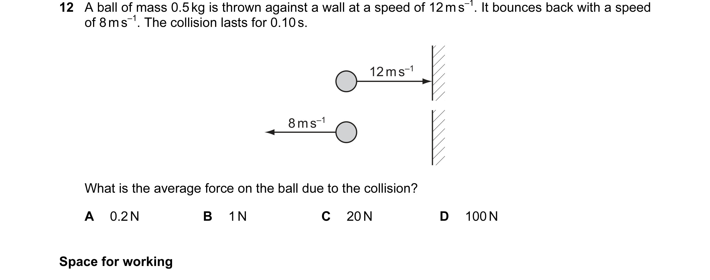 Question 50: A ball of mass 0.5 kg is thrown against a wall at a speed of 12 m s–1. It bounces back with a speed of 8 m s–1. The collision lasts for 0.1…