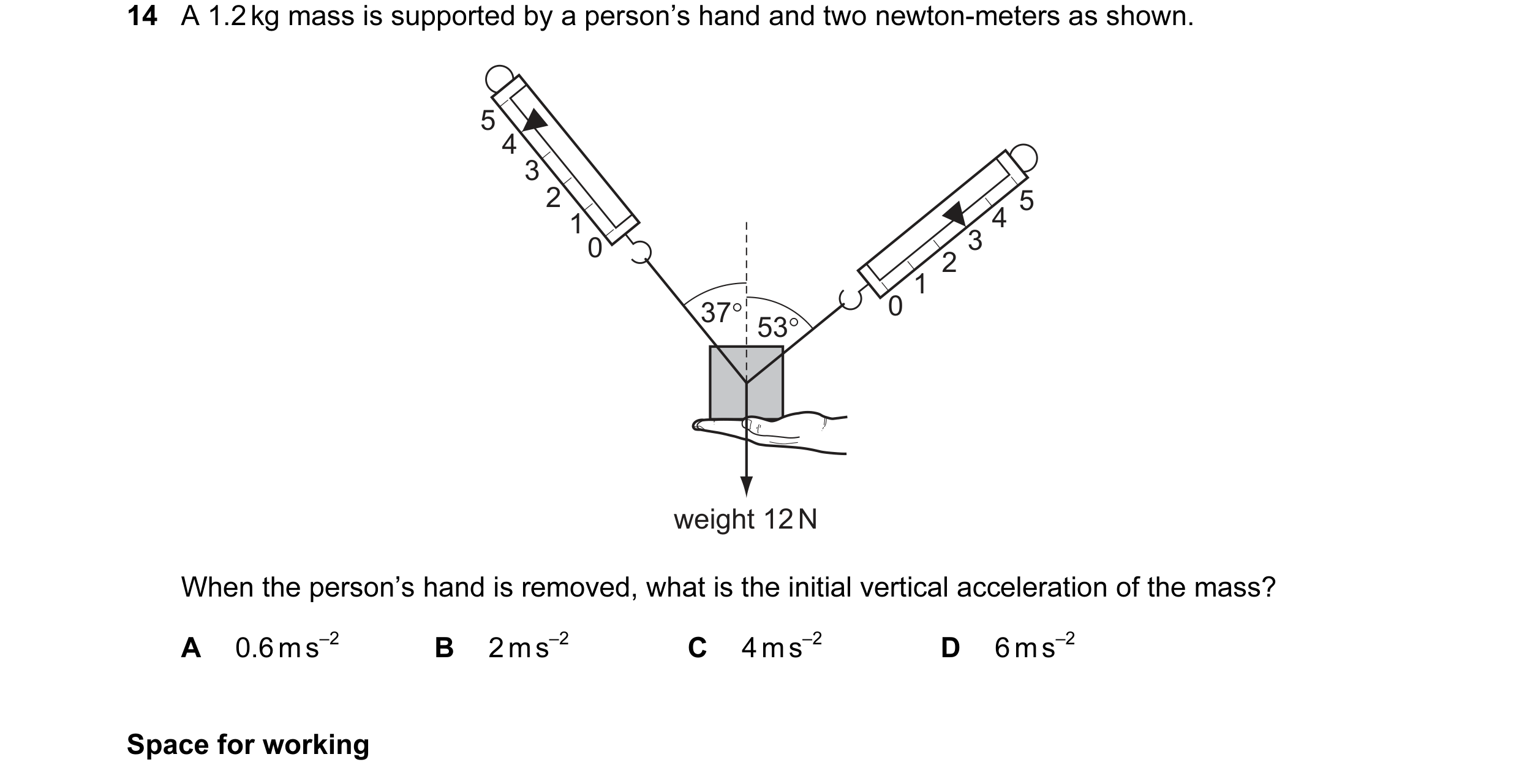 Question 32: A 1.2 kg mass is supported by a person’s hand and two newton-meters as shown. 5 4 3 2 5 1 4 0 3 2 1 37° 0 53° weight 12 N When the person’s…