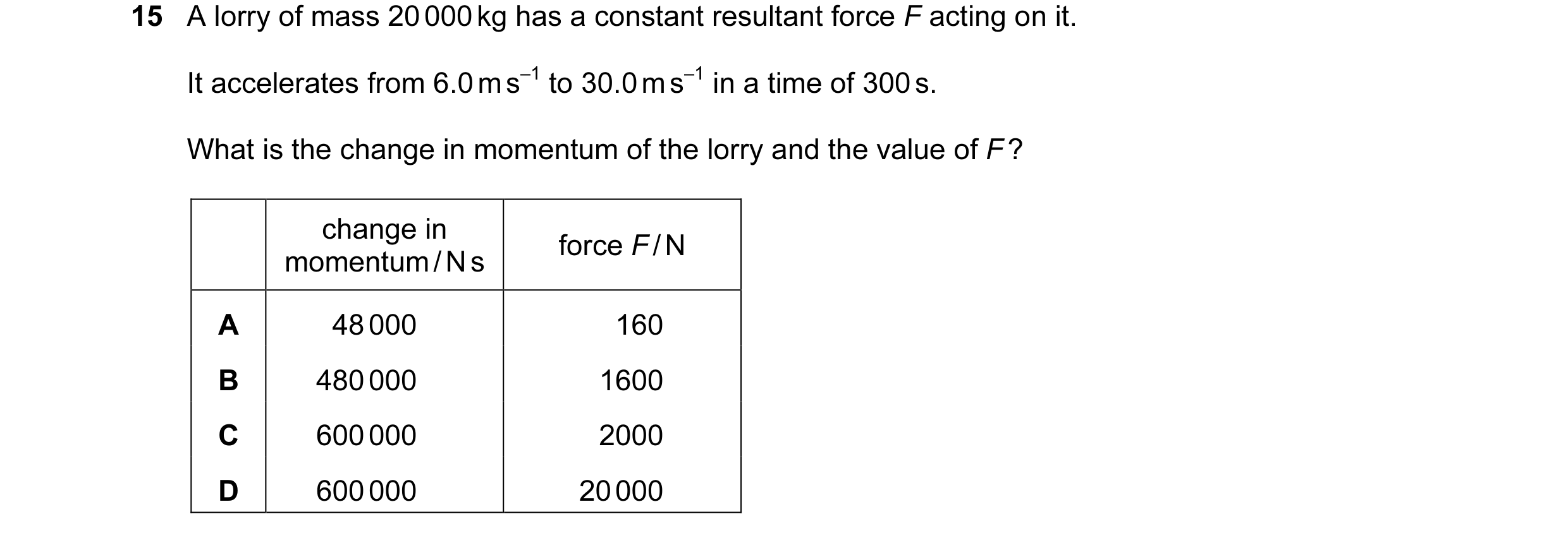 Question 52: A lorry of mass 20 000 kg has a constant resultant force F acting on it. It accelerates from 6.0 m s–1 to 30.0 m s–1 in a time of 300 s. Wh…