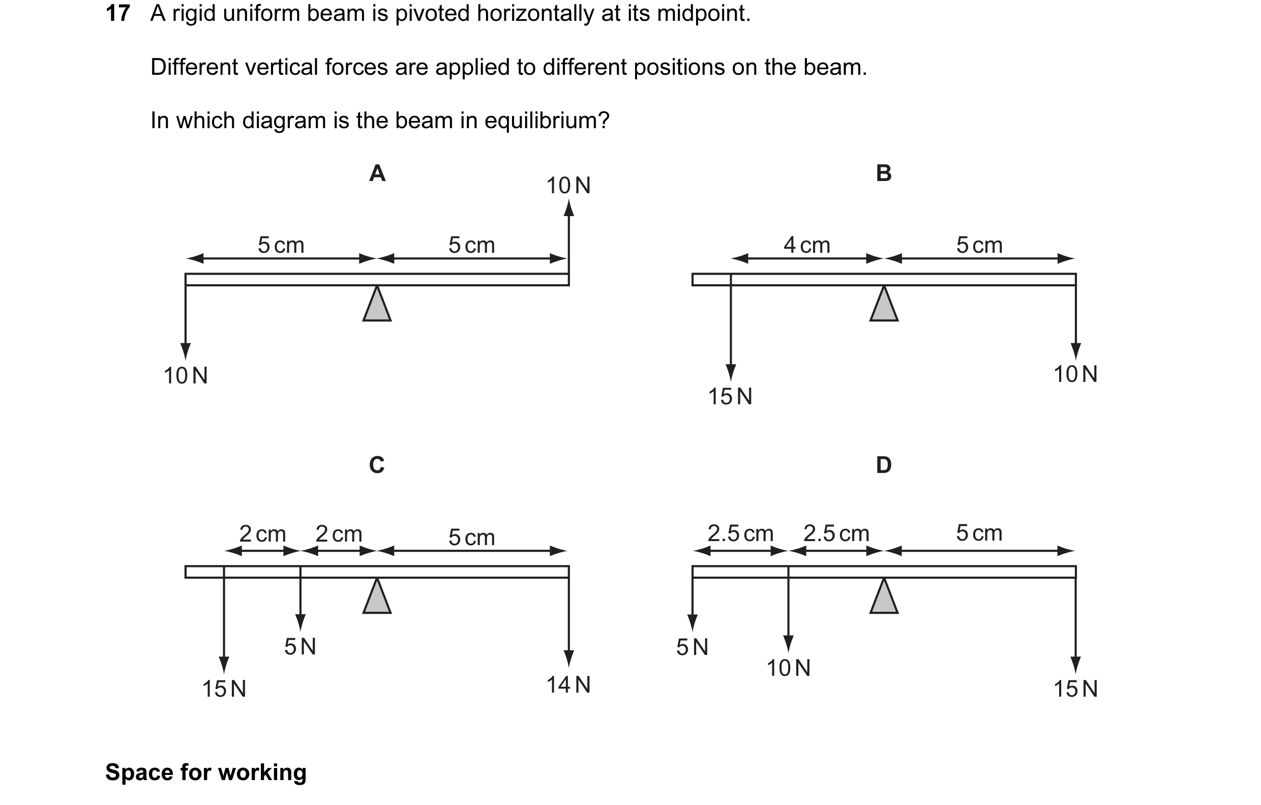 Question 32: A rigid uniform beam is pivoted horizontally at its midpoint. Different vertical forces are applied to different positions on the beam. In …