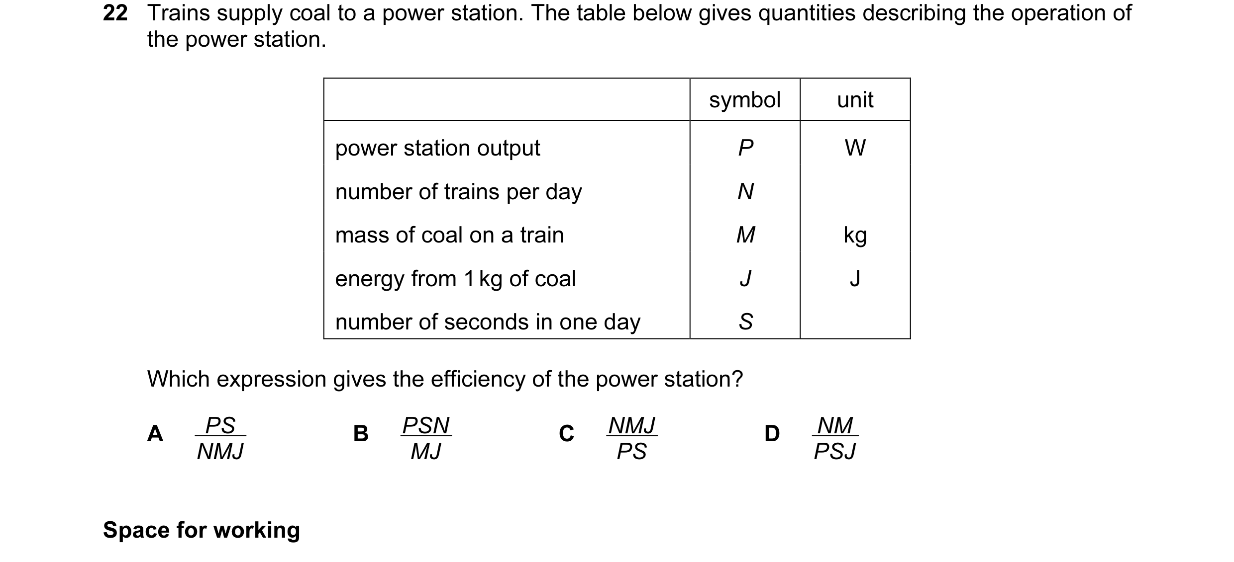 Question 49: Trains supply coal to a power station. The table below gives quantities describing the operation of the power station. symbol unit power st…