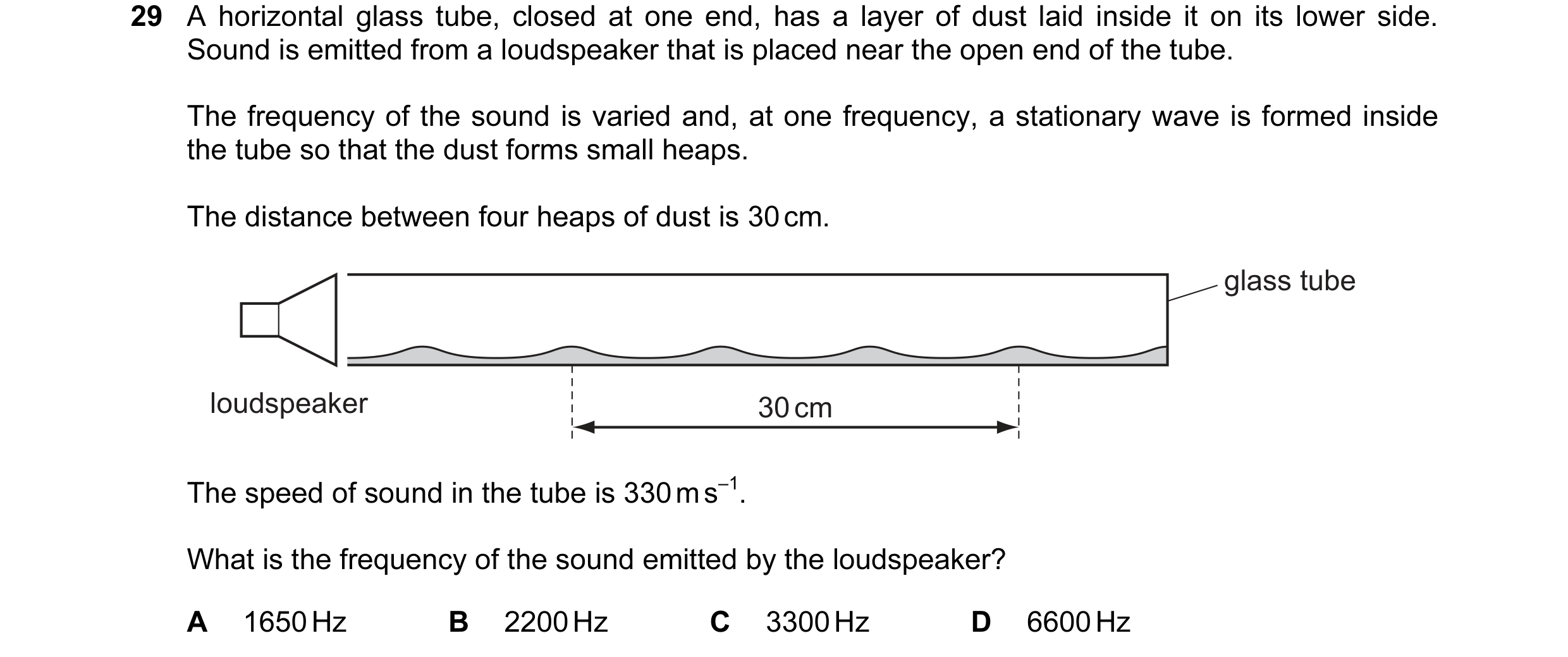 Question 26: A horizontal glass tube, closed at one end, has a layer of dust laid inside it on its lower side. Sound is emitted from a loudspeaker that …