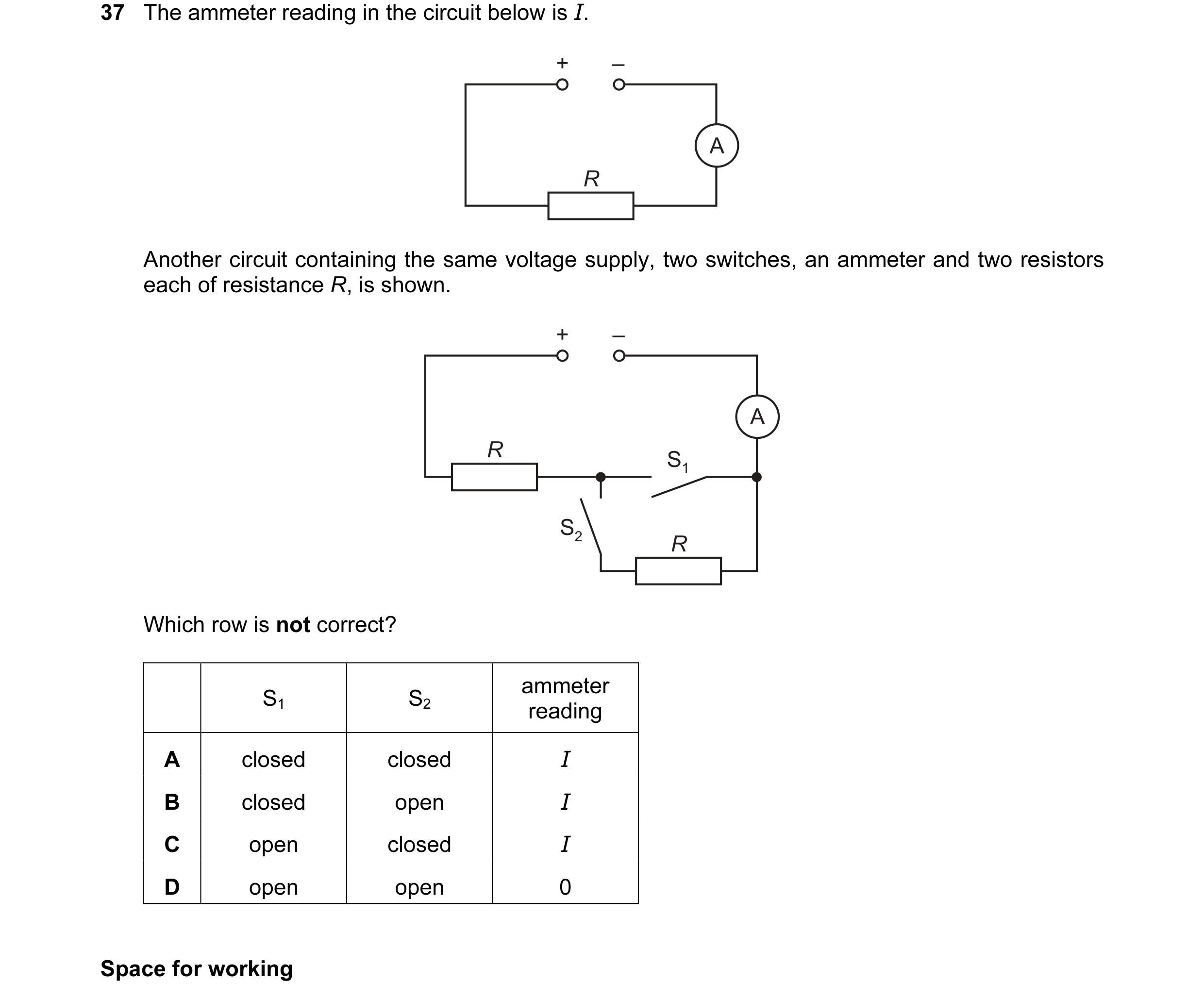 Question 47: The ammeter reading in the circuit below is I. + – A R Another circuit containing the same voltage supply, two switches, an ammeter and two…