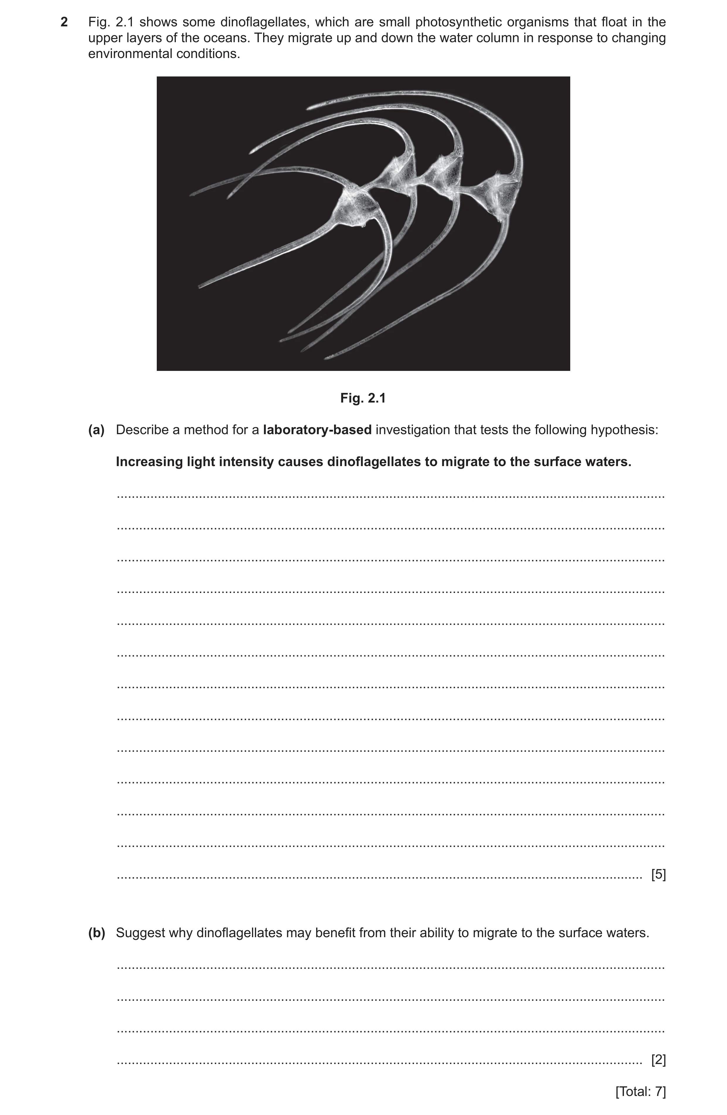 Question 18: Fig. 2.1 shows some dinoflagellates, which are small photosynthetic organisms that float in the upper layers of the oceans. They migrate up…