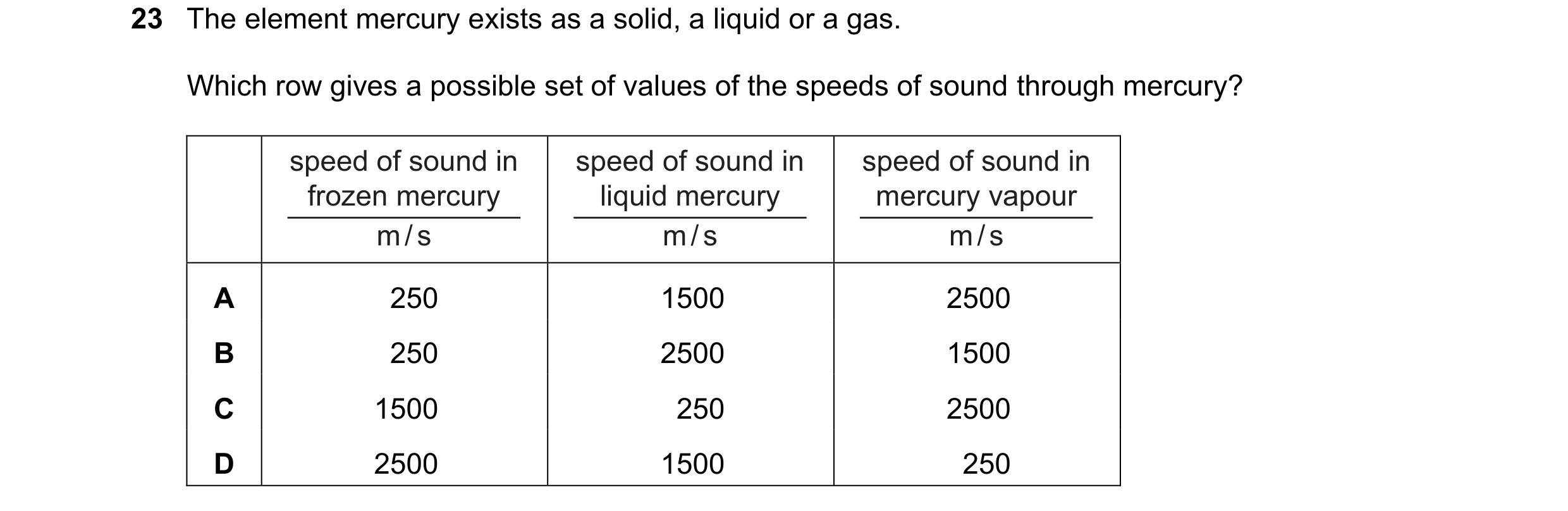 Question 82: The element mercury exists as a solid, a liquid or a gas. Which row gives a possible set of values of the speeds of sound through mercury? …