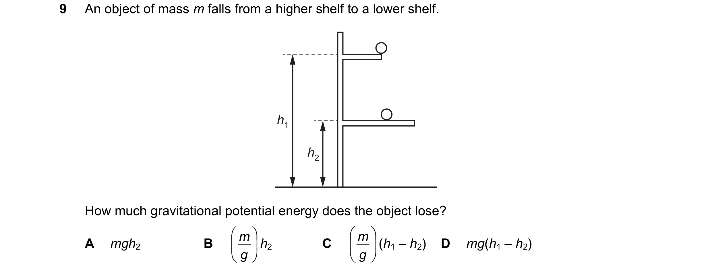 Question 79: An object of mass m falls from a higher shelf to a lower shelf. h1 h2 How much gravitational potential energy does the object lose? m h2 …