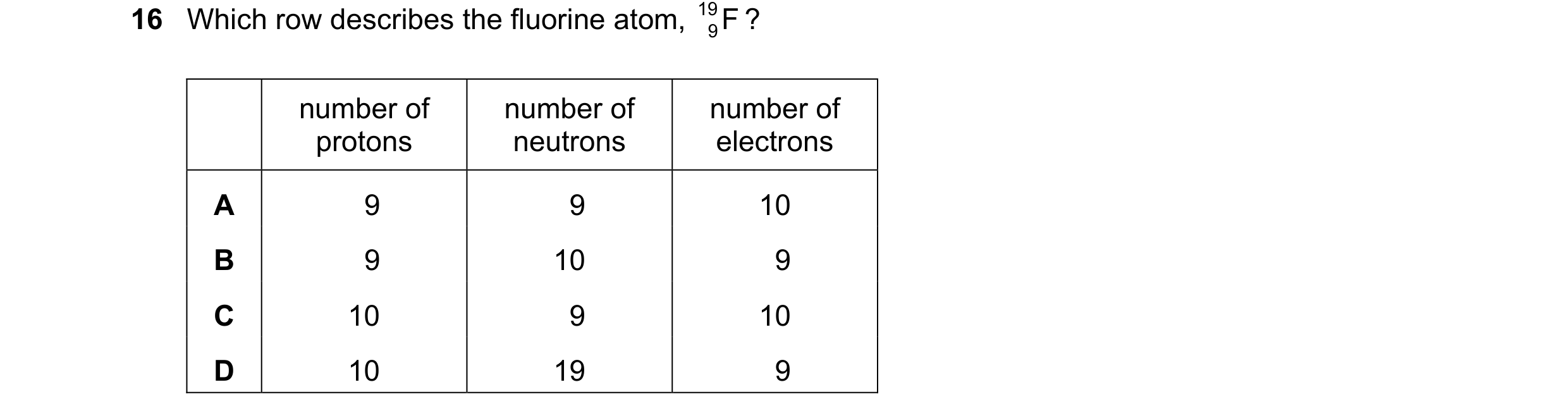 Question 49: Which row describes the fluorine atom, 19 F ? 9 number of number of number of protons neutrons electrons A 9 9 10 B 9 10 9 C 10 9 10 D 10 1…
