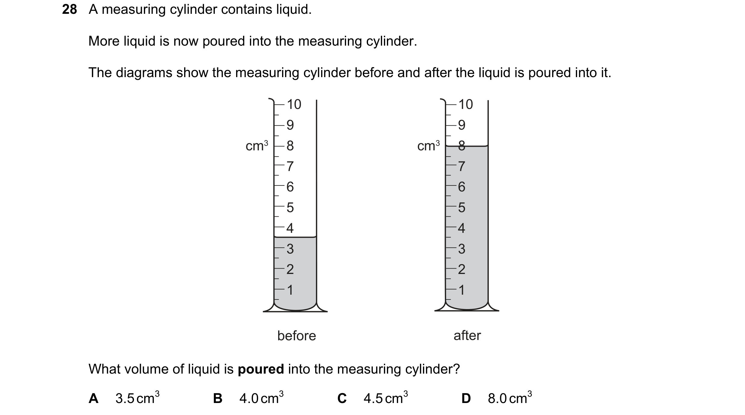 Question 26: A measuring cylinder contains liquid. More liquid is now poured into the measuring cylinder. The diagrams show the measuring cylinder befor…
