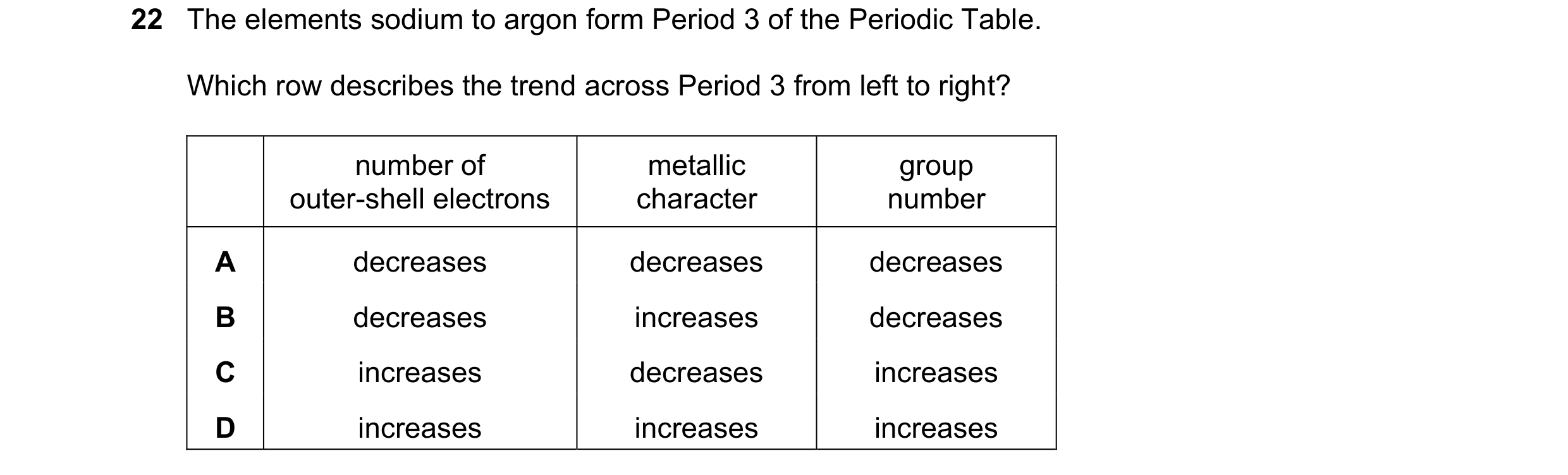 Question 12: The elements sodium to argon form Period 3 of the Periodic Table. Which row describes the trend across Period 3 from left to right? number …