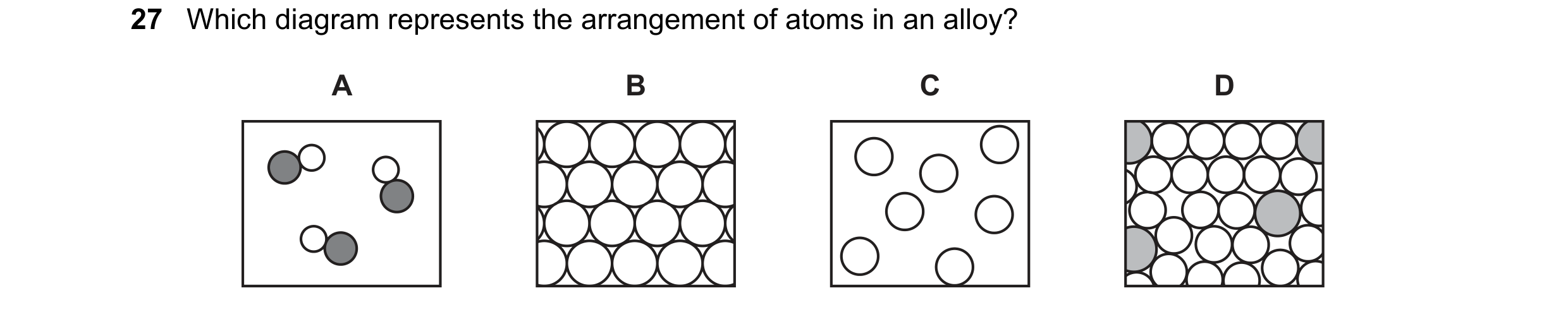 Question 14: Which diagram represents the arrangement of atoms in an alloy? A B C D