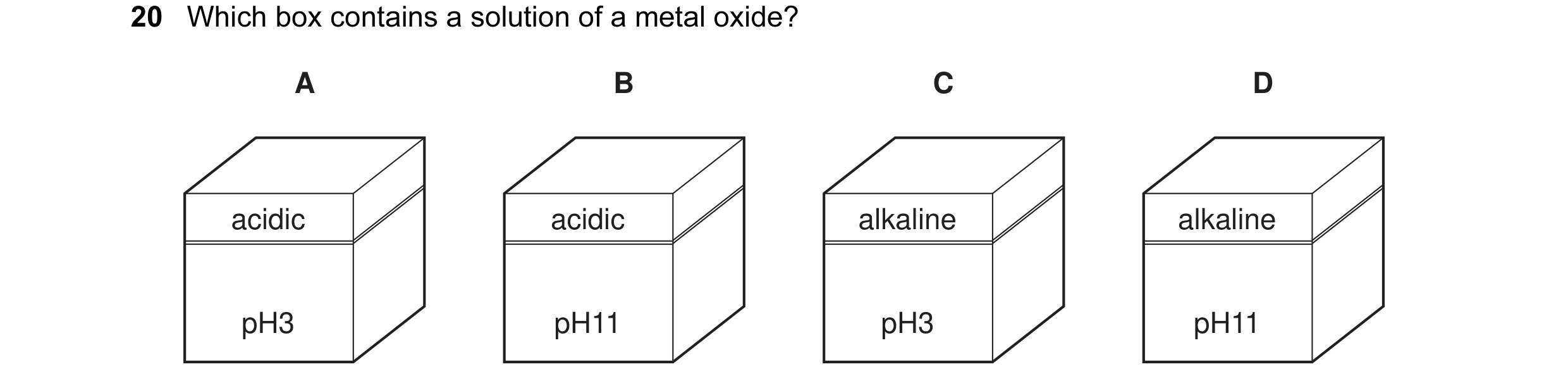 Question 17: Which box contains a solution of a metal oxide? A B C D acidic acidic alkaline alkaline pH3 pH11 pH3 pH11