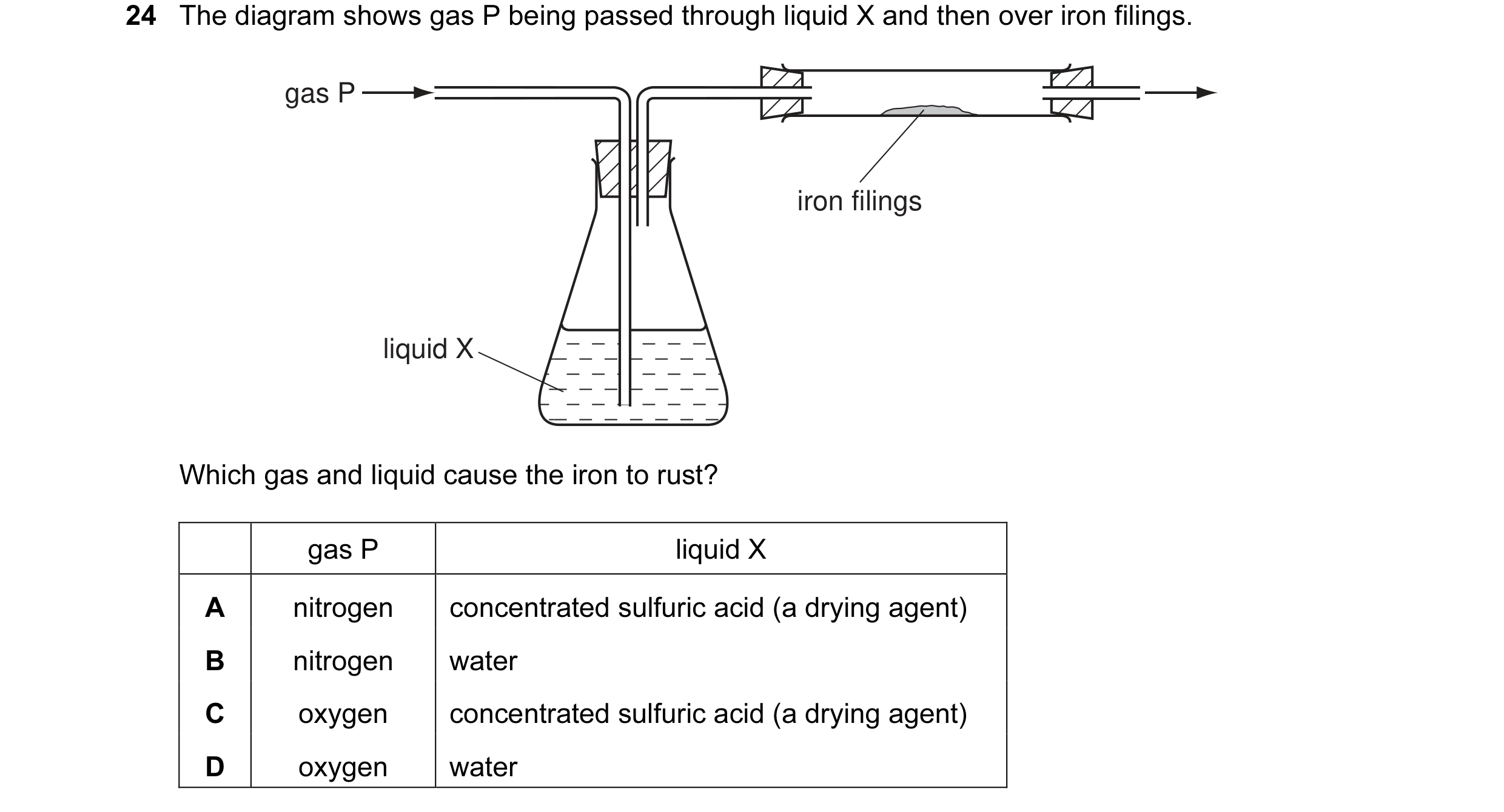 Question 4: The diagram shows gas P being passed through liquid X and then over iron filings. gas P iron filings liquid X Which gas and liquid cause th…