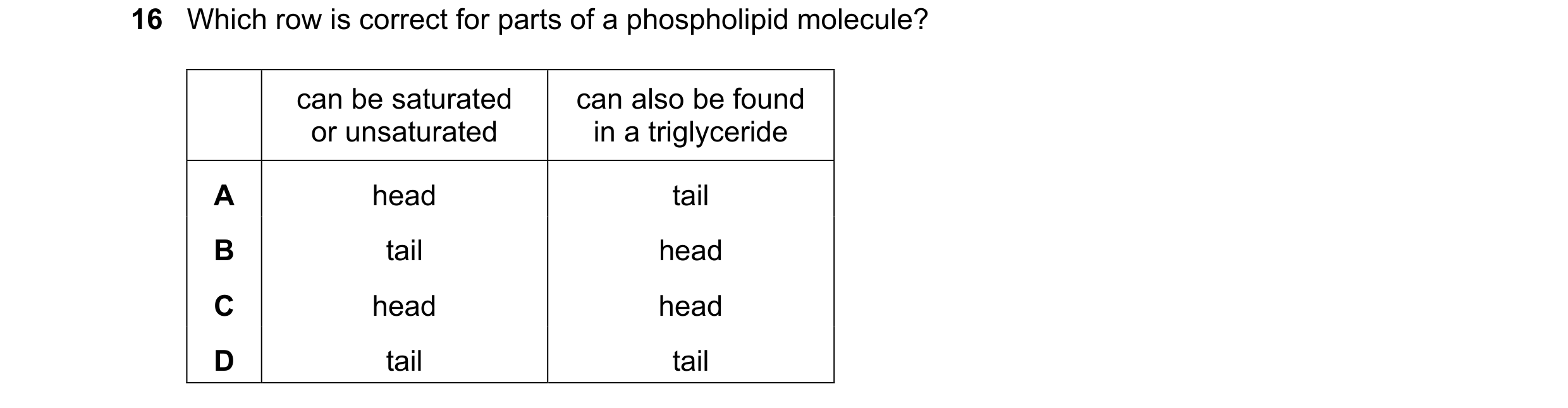 Question 336: Which row is correct for parts of a phospholipid molecule? can be saturated can also be found or unsaturated in a triglyceride A head tail …