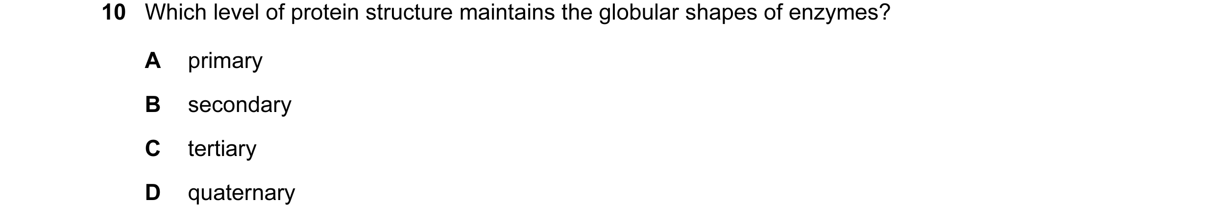 Question 45: Which level of protein structure maintains the globular shapes of enzymes? A primary B secondary C tertiary D quaternary