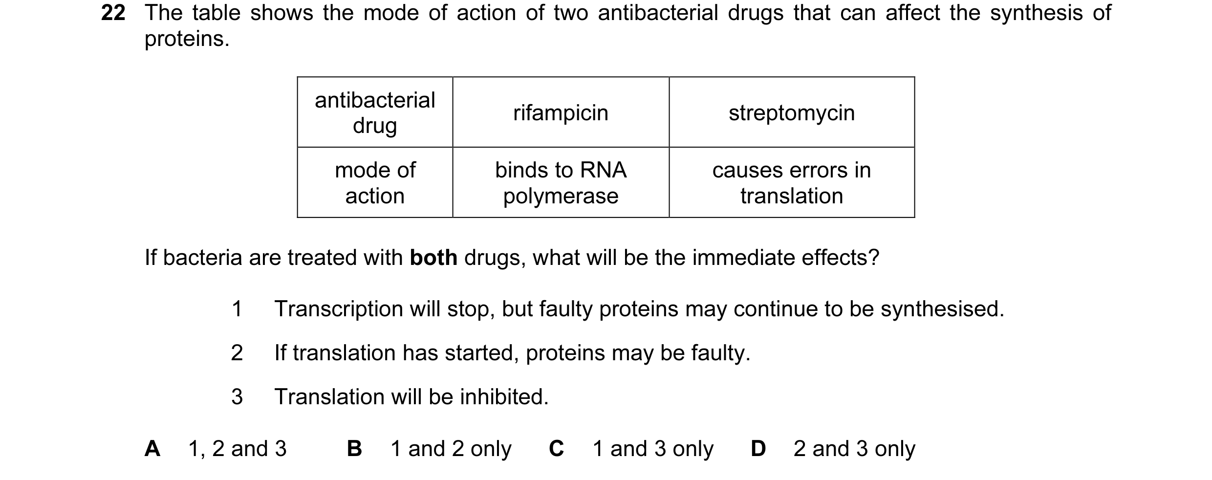 Question 27: The table shows the mode of action of two antibacterial drugs that can affect the synthesis of proteins. antibacterial rifampicin streptomy…
