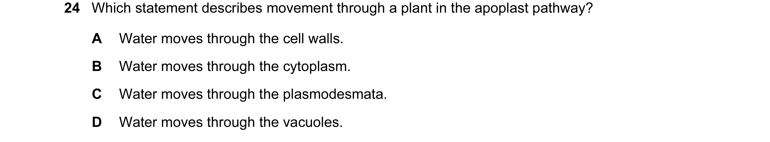 Question 128: Which statement describes movement through a plant in the apoplast pathway? A Water moves through the cell walls. B Water moves through the…