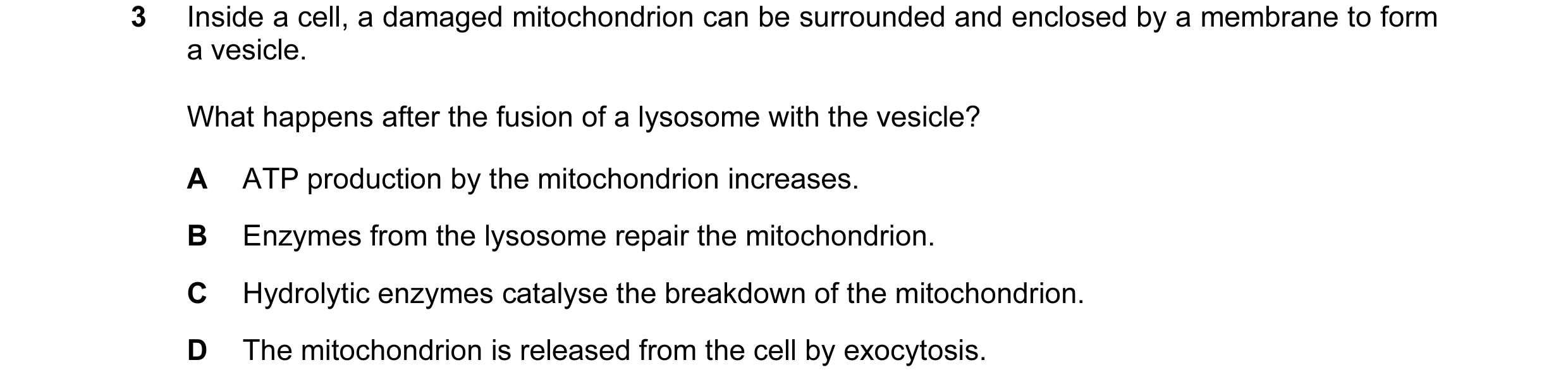 Question 141: Inside a cell, a damaged mitochondrion can be surrounded and enclosed by a membrane to form a vesicle. What happens after the fusion of a l…